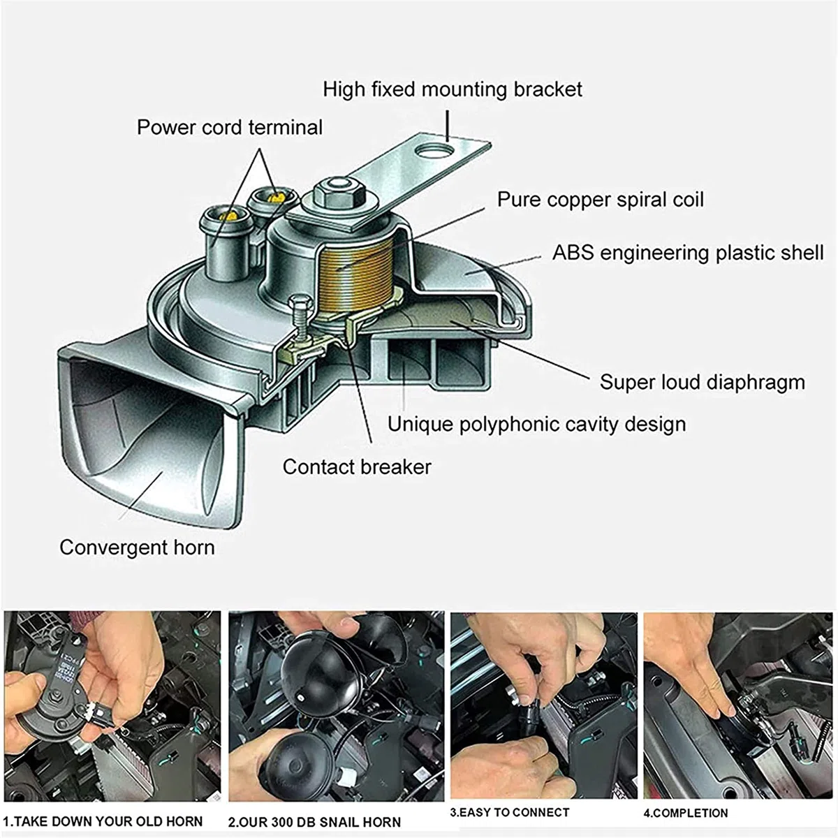 Cuerno de tren para camiones 300 DB Cuerno de caracol eléctrico de aire alto, kit de Cuerno de tren impermeable de 12 V, camión, coche, motocicleta, bicicleta y barco super alto 2 piezas