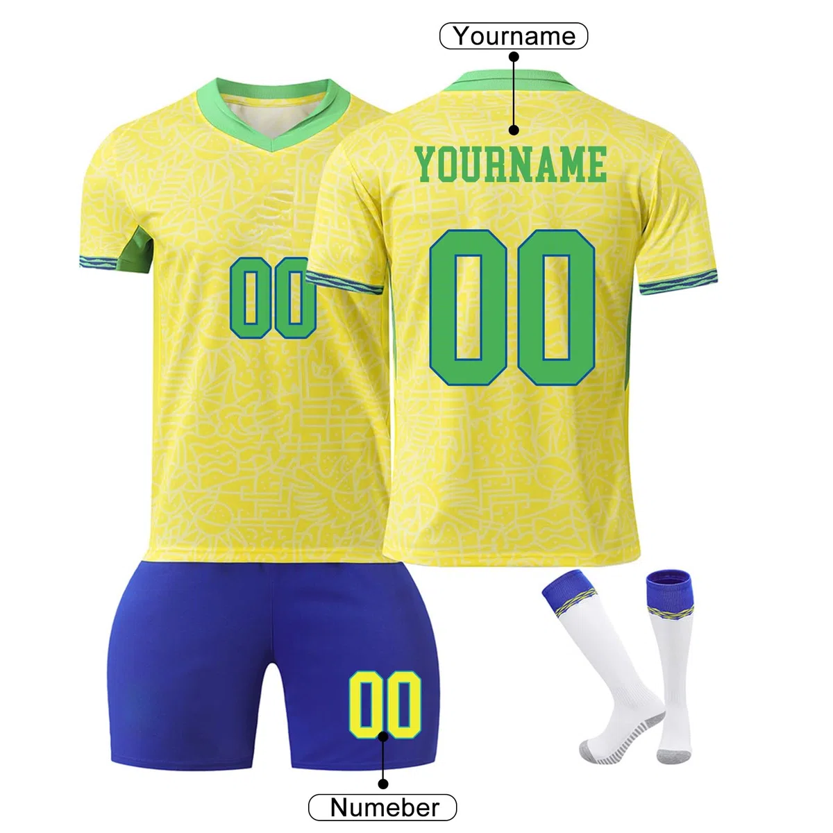Camiseta Brasil Personalizadas Nombre y Número para Hombres y Niño, equipación Fútbol DIY Nombre y Número con Camiseta de Fútbol Pantalón Corto y Calcetines