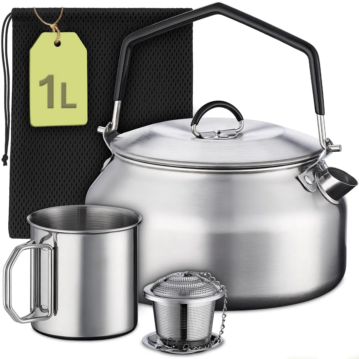 Praknu Hervidor de Camping 1L Acero Inox – Set con Taza, Filtro de Té & Bolsa – Tetera para Camping con Mango de Silicona – Para Gas, Leña & Fuego – Apilable & Lavavajillas