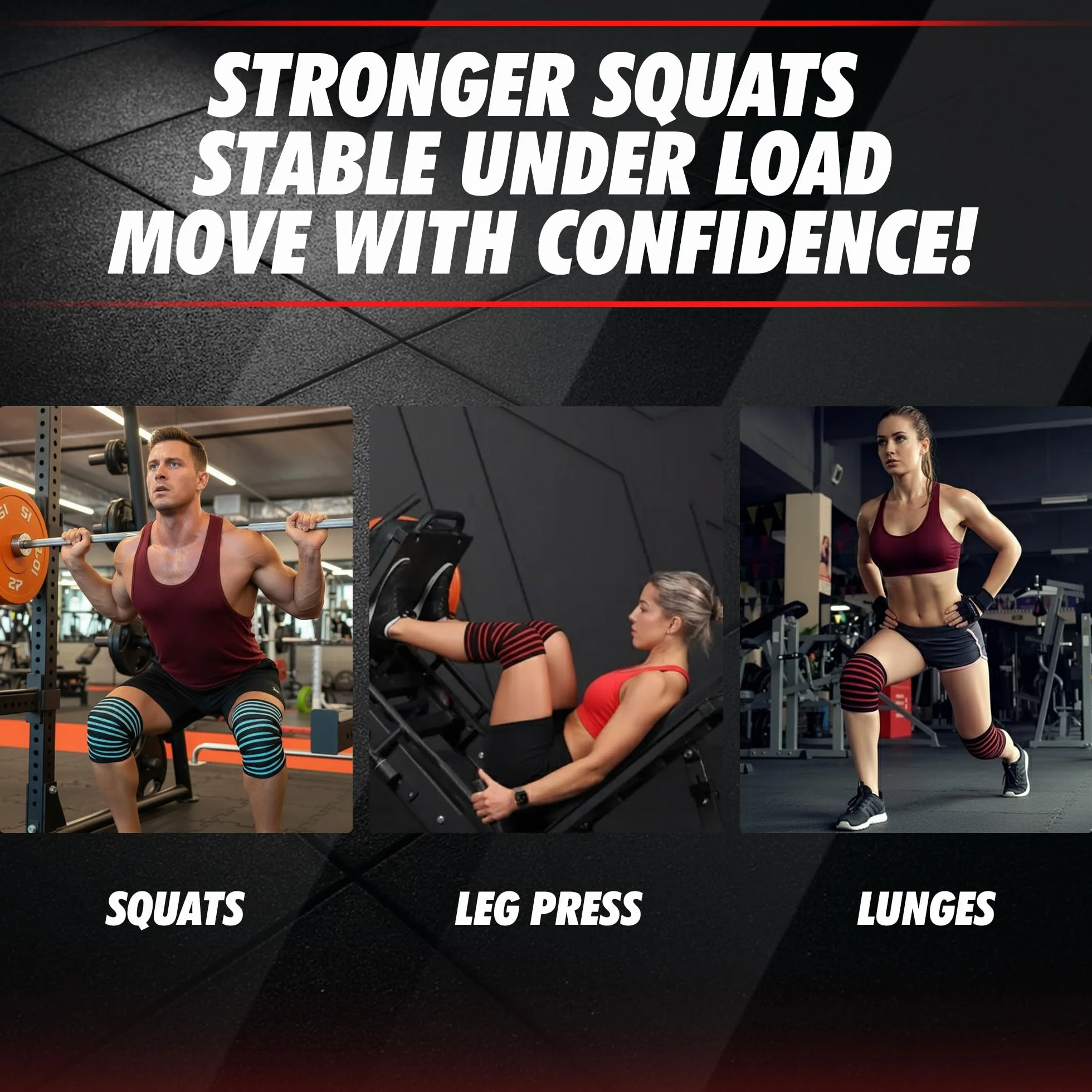 Rodilleras Gym – Juego de 2 Bandas Elásticas de Rodilla con Cierre de Gancho y Bucle para Sentadillas, Deadlifts, Musculación y Powerlifting – Rodilleras Gimnasio – Soporte de Rodillas