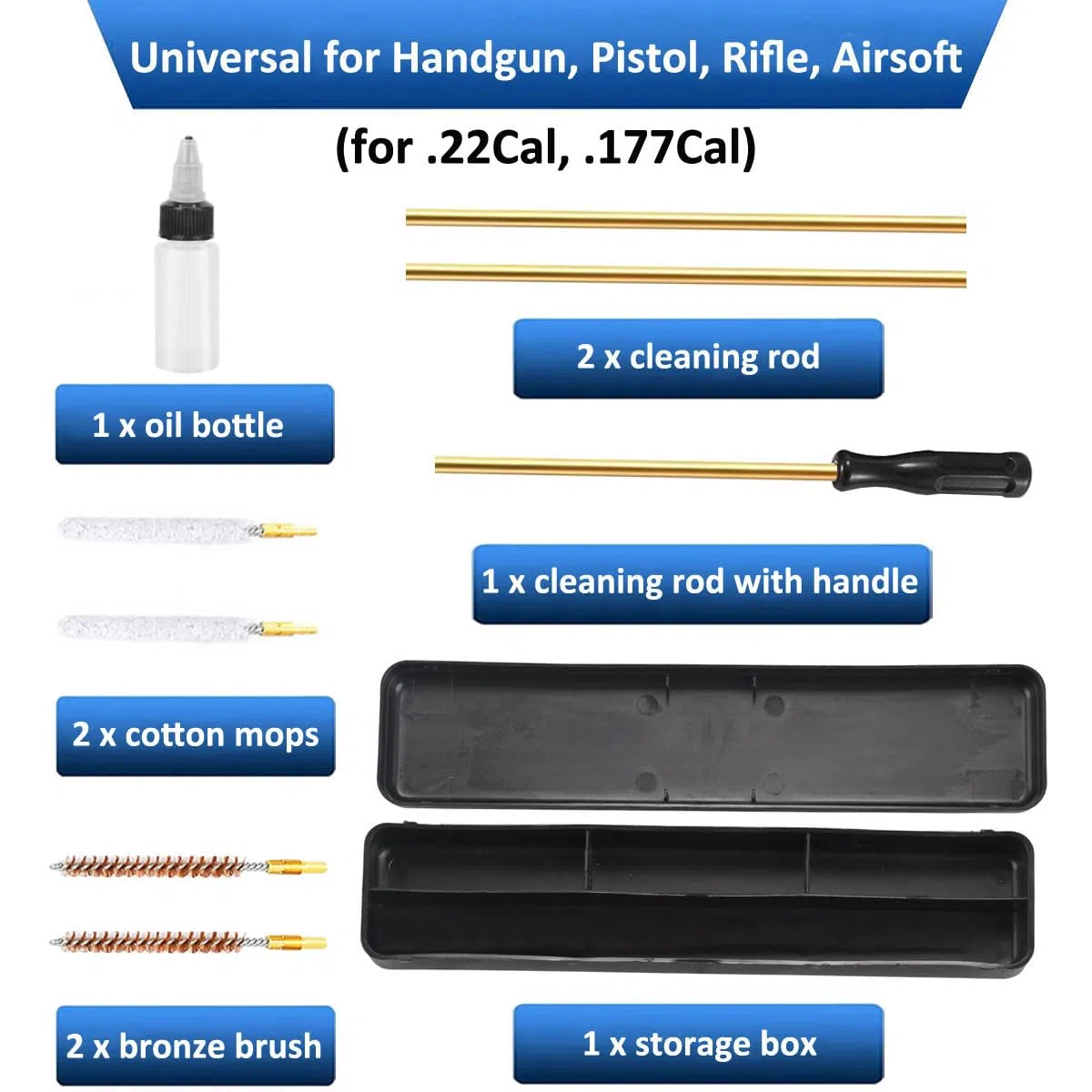 Kit de Limpieza de Pistola Kit de Limpieza para Rifles de Aire Kit de Limpieza Armas Cepillos Mantenimiento Botella de Aceite Calibre .177Cal .22Cal .17Cal 4,5mm 5,5mm