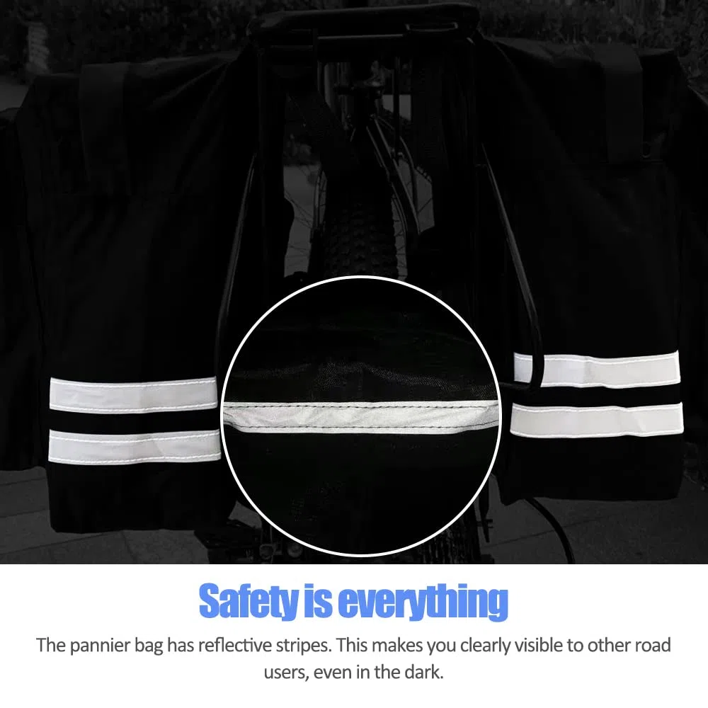 Alforjas Doble Bicicleta 30L Impermeable, Bolsa Trasera Con Tiras Reflectantes para Ciclismo, Viajes, Camping (Negro)