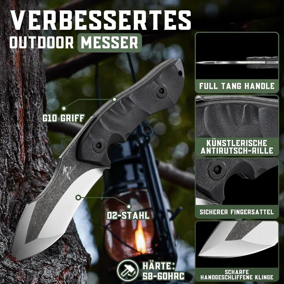 Purple Dragon Cuchillo de Supervivencia al Aire Libre, Full Tang Cuchillo de Supervivencia con Mango G10, Hoja Fija de Acero D2, Camping Cuchillo Kydex Funda, Regalo Para los Hombres