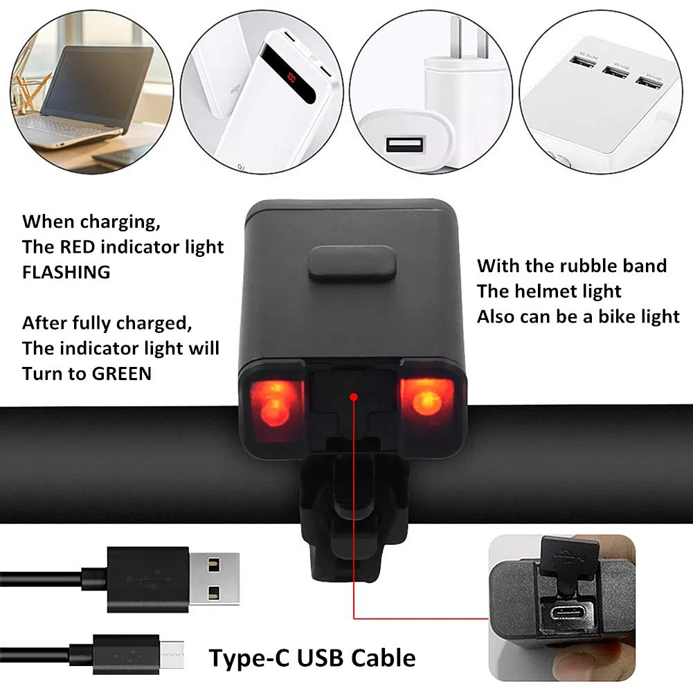 WASAGA Casco de Bicicleta Ligero, 200 Lumen LED Casco de Bicicleta Luz 3 Modos USB Recargable Impermeable Faro Delantero de Bicicleta y 5 Modos Luz Trasera de Bicicleta