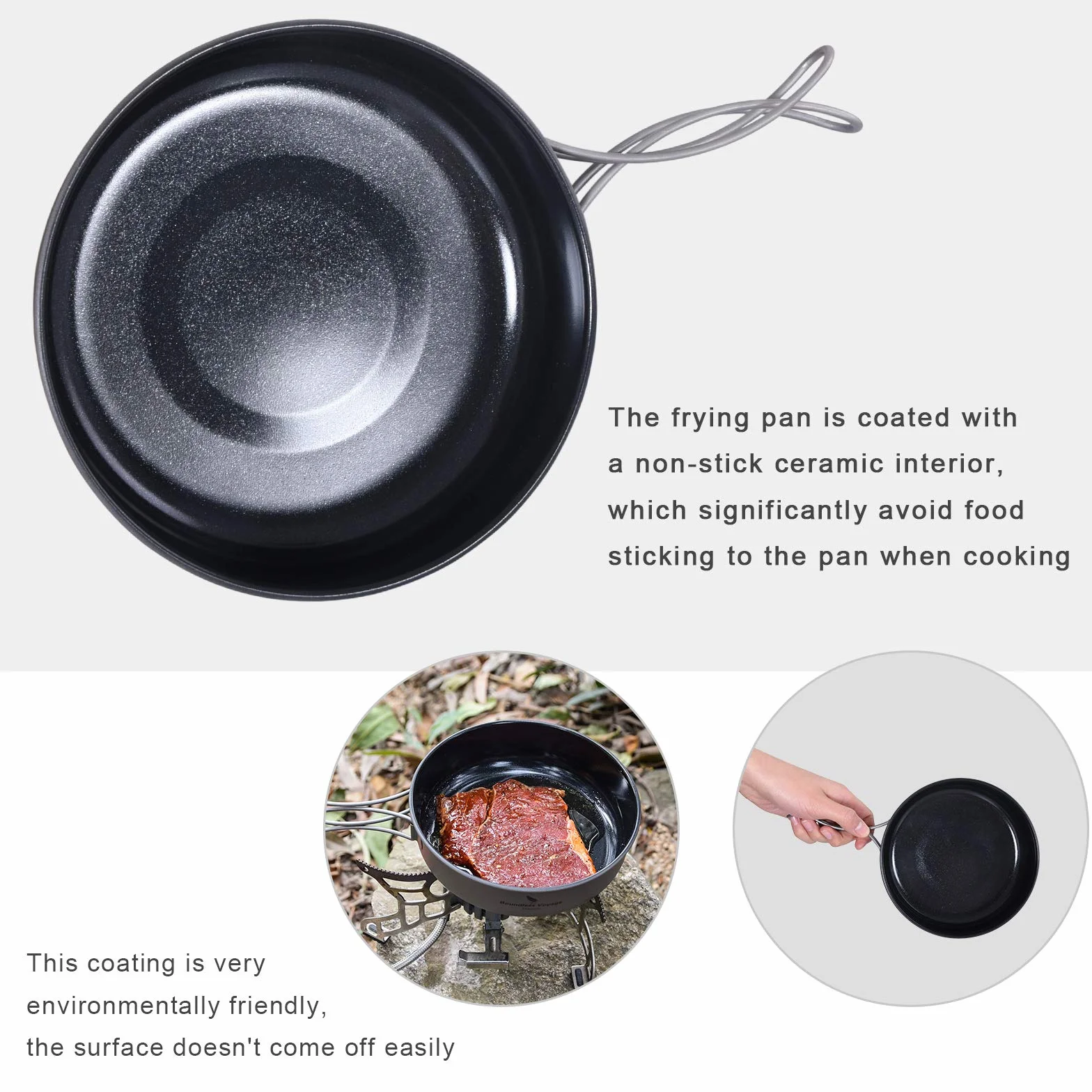 iBasingo Sartén antiadhesivo de titanio Sartén portátil para acampar Tazón de escalada Cocina de filete de huevo frito con mango plegable recubierto de cerámica al aire libre Ti15169BI