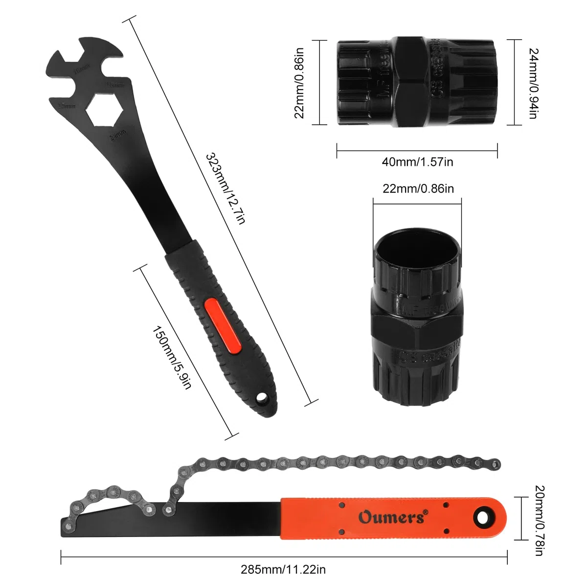 Oumers Herramienta de Eliminación de Cassette de Bicicleta, Látigo de Cadena de Bicicleta + Llave de Pedal + Herramienta para Removedor de Rueda Libre 2 en 1, Removedor de Piñón de Llave