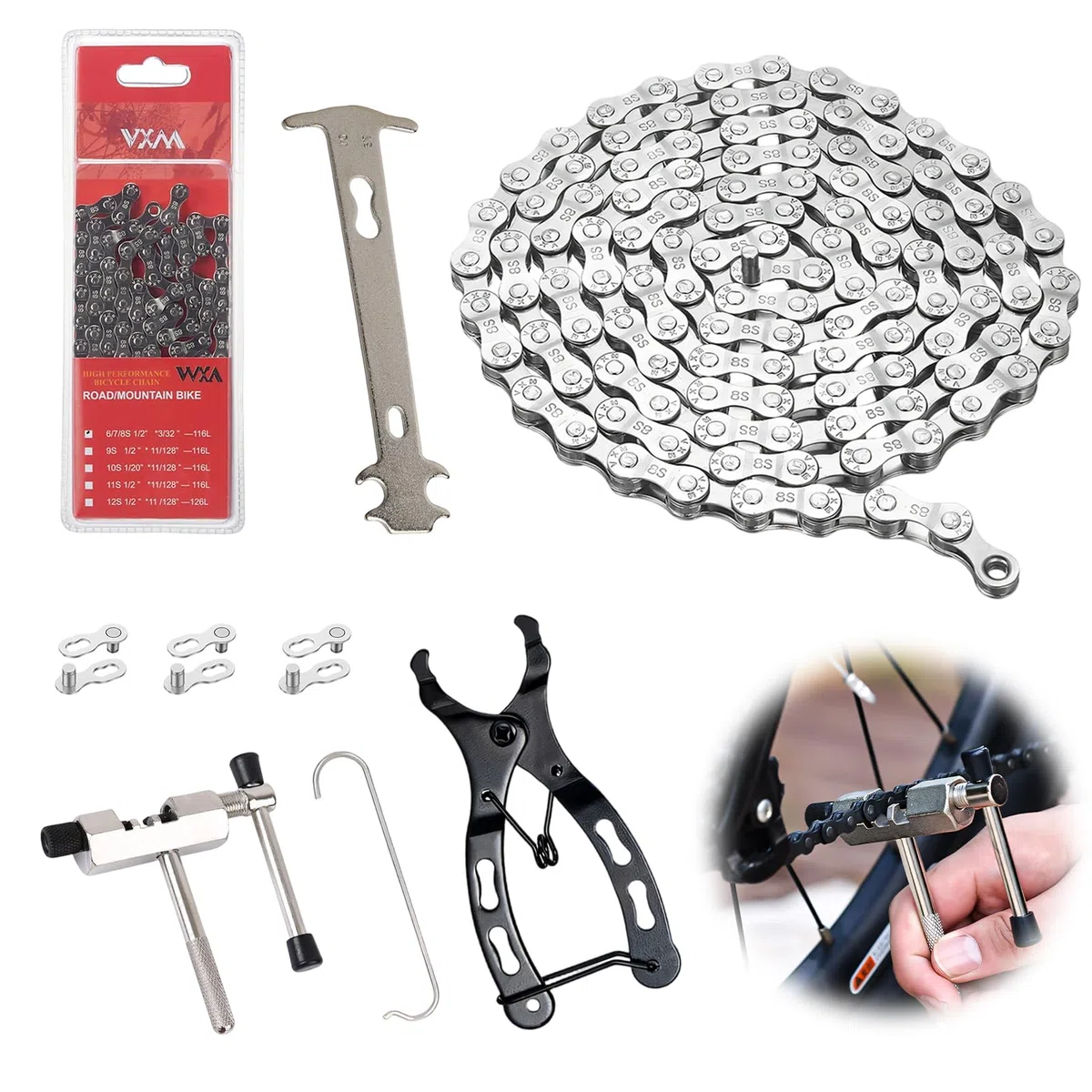 Cadena Bicicleta 6 7 8 Velocidades 116 Eslabones, Cadena de Bicicleta con Herramientas Incluidas, Cadena Bici 1/2 x 3/32 Pulgadas, Repuesto Universal Para Montaña Carretera y Plegable