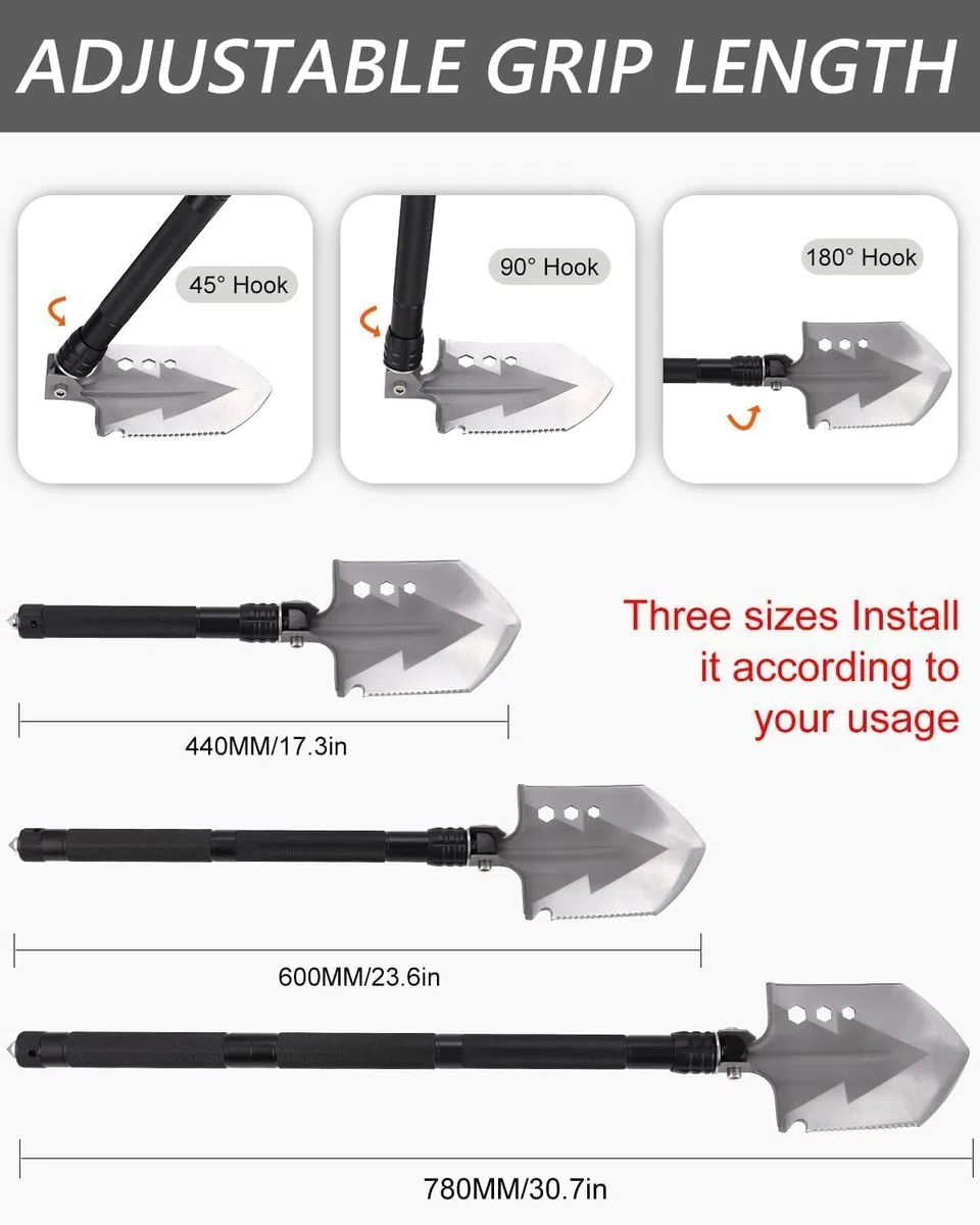 Pala Plegable, Multifuncional Pala 78cm con 3 Combinaciones de Longitud, Pala Plegable 180 Grados, para Supervivencia, Jardín, Camping, Aventura, Senderismo
