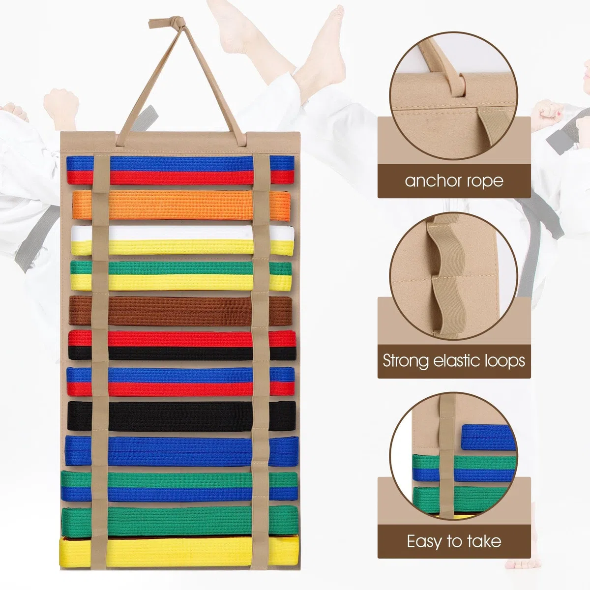 Amagogo Organizador de Cinturones de Artes Marciales, Soportes para Colgar en la Pared, 12 Cinturones de Karate para niños, Adultos, Almacenamiento de