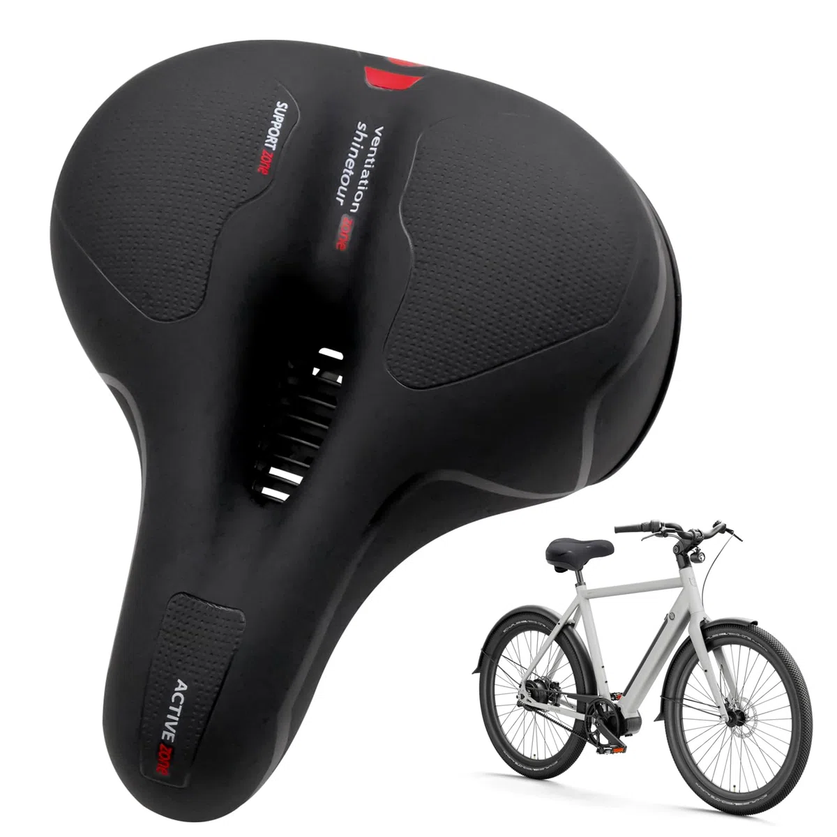 Sillín Bicicleta Muy Cómodo Hombre Mujer, Asiento Ancho con Amortiguador, Cuero Antideslizante en Panal y Canal de Ventilación para MTB, Urbana y Trekking, Negro Rojo
