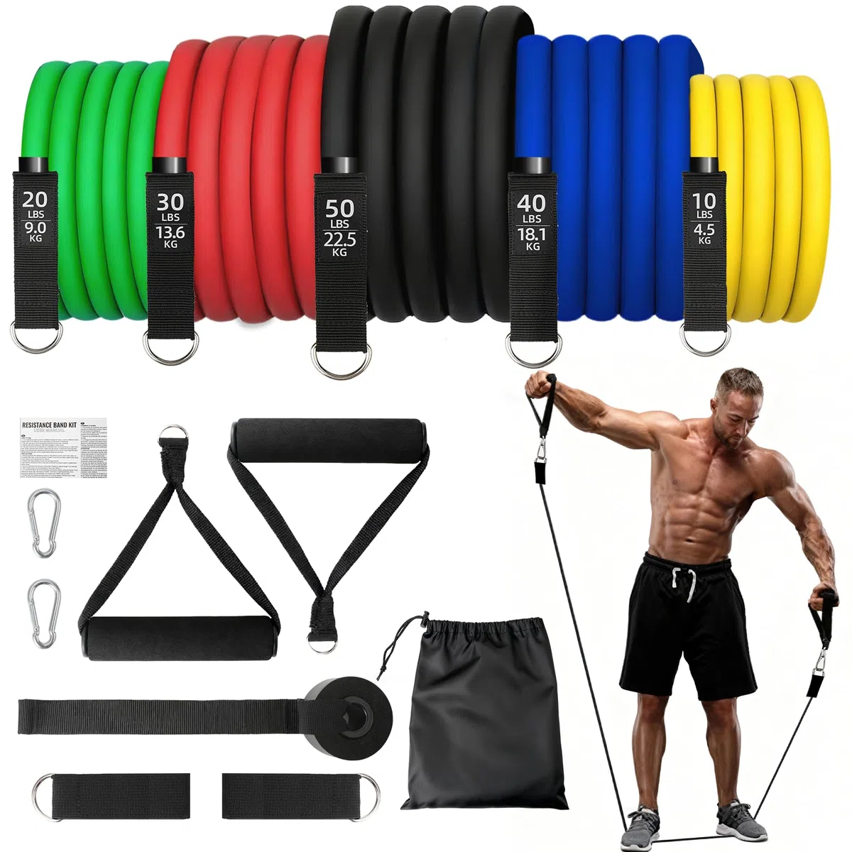 Gomas Elasticas Musculacion,5 Diferentes Niveles Bandas Elasticas Musculacion,10-150LBS Cintas Elasticas Musculacion con Anclaje para Puerta,Asas,Correa para Tobillo,Bandas de Resistencia