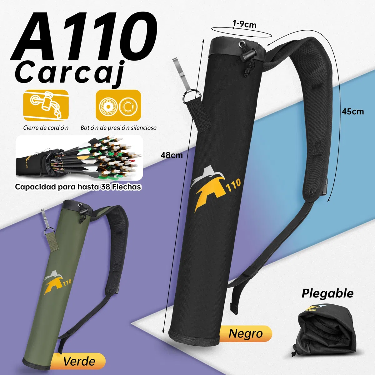 Sunya Carcaj para Flechas. Portaflechas con Correa para el Hombro, carcaj de Tiro con Arco para la Espalda o carcaj para la Cadera 2 Modos de Transporte conmutables. Ligero y Plegable