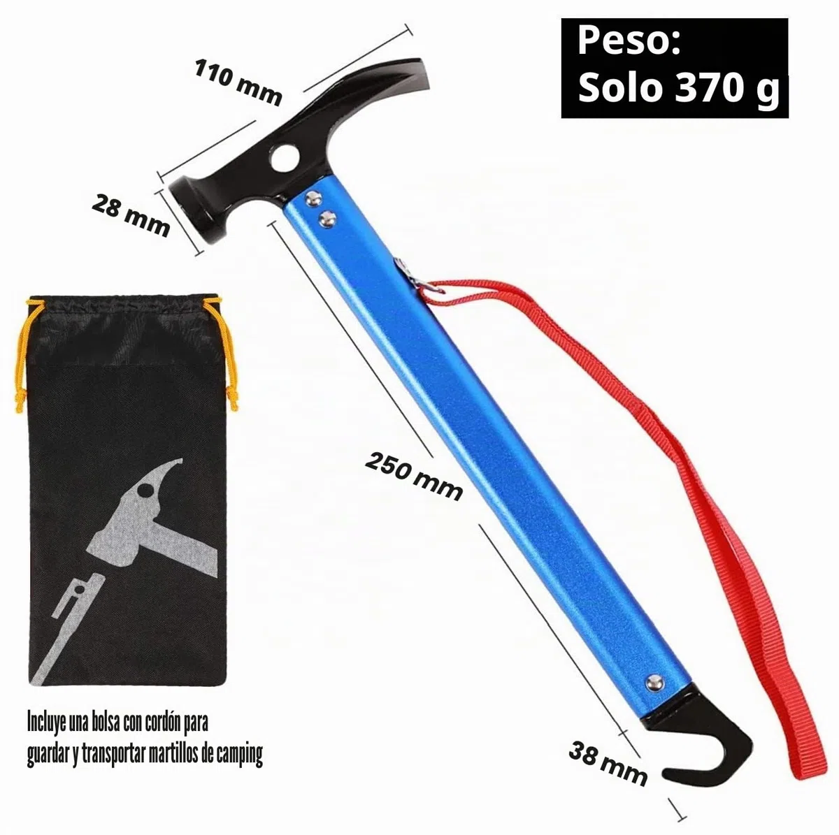 LATERN Martillo para Acampar con Gancho, 30CM Martillo de Carpa de Aluminio al Aire Libre Martillo de Estaca Multifuncional para Tienda de Campaña con Bolsa de Almacenamiento con Cordón (Azul)