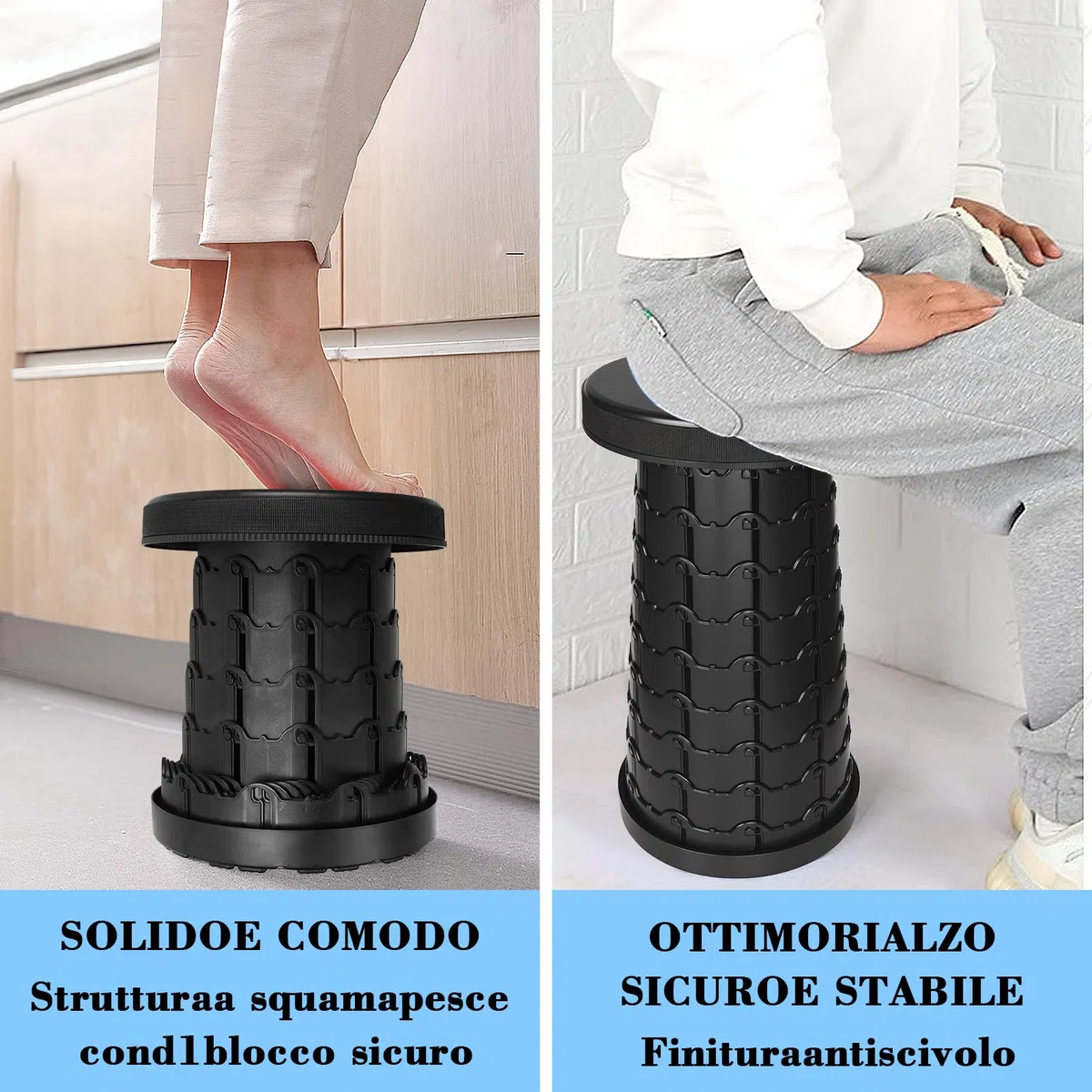 USHOP Taburete Plegable Portátil, Taburete Plegable Telescópico, Altura Ajustable, Ligero, Negro, Plástico, Adecuado para Camping, Pesca, Senderismo y Actividades al Aire Libre