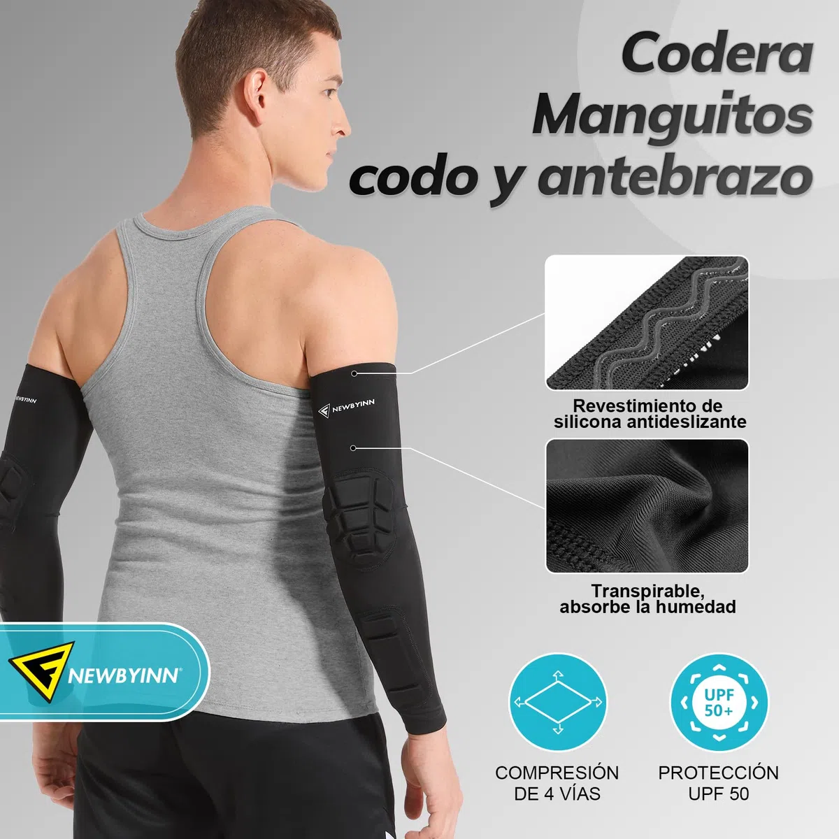 Newbyinn Codera Manguitos codo y antebrazo con acolchado, 2 Piezas, para voleibol, fútbol, baloncesto, futbol americano, balonmano, negro