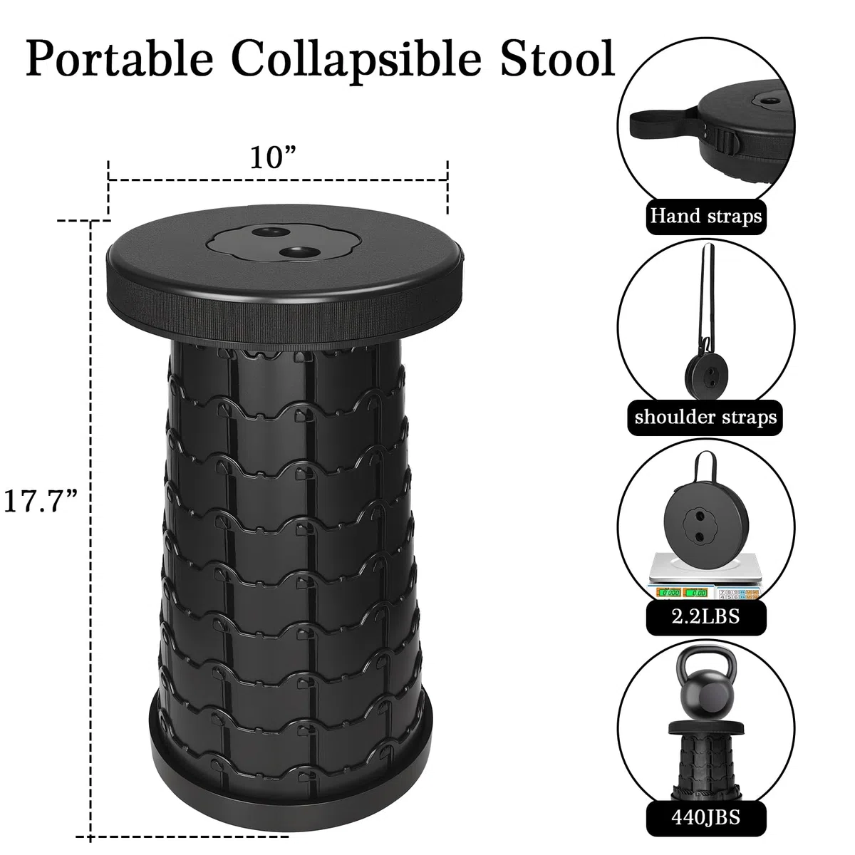 USHOP Taburete Plegable Portátil, Taburete Plegable Telescópico, Altura Ajustable, Ligero, Negro, Plástico, Adecuado para Camping, Pesca, Senderismo y Actividades al Aire Libre