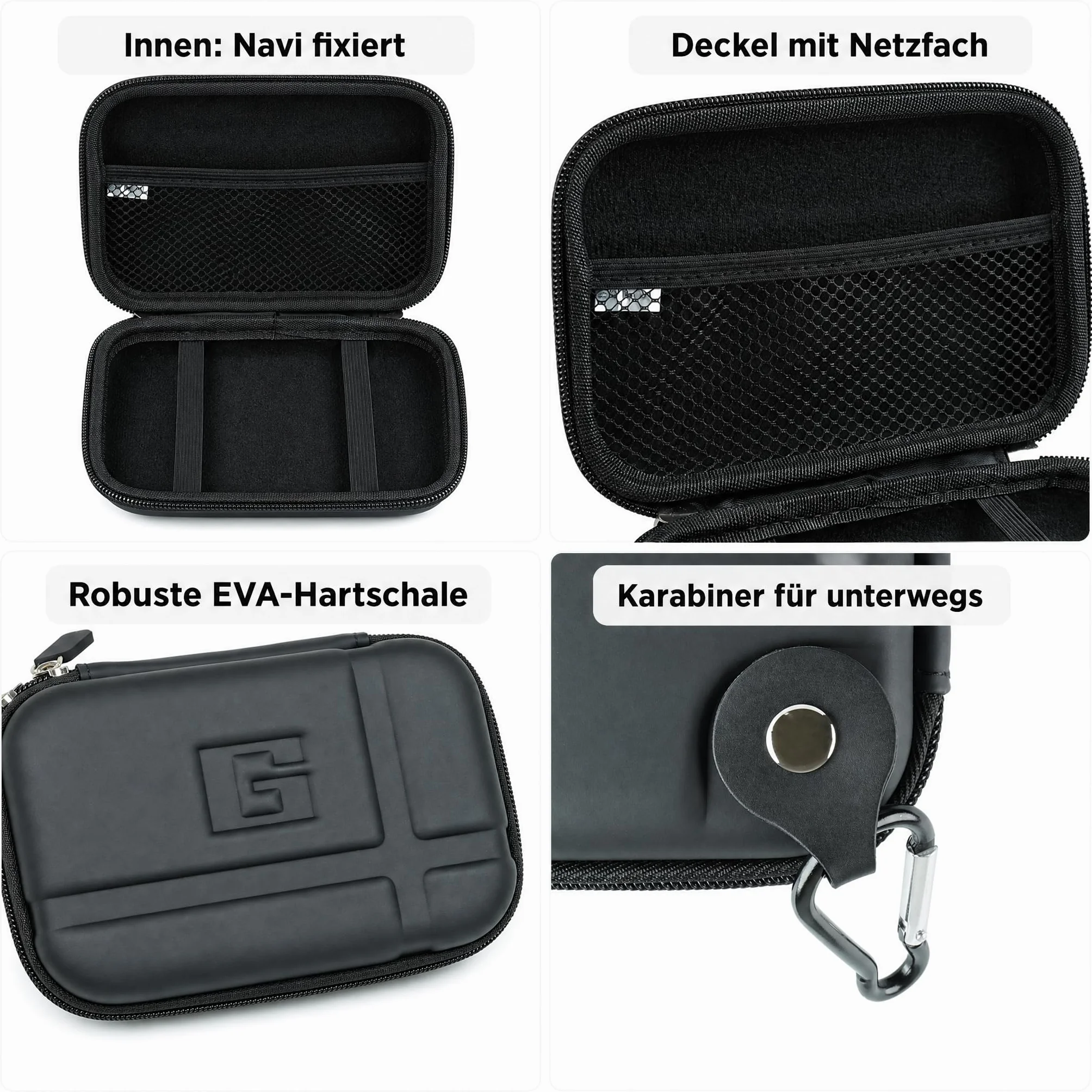 caseroxx Funda para navegador Garmin Zumo XT, carcasa rígida EVA con forro interior suave, fijación elástica y bolsillo de malla, protección antigolpes, cremallera bidireccional y mosquetón, aprox. 18