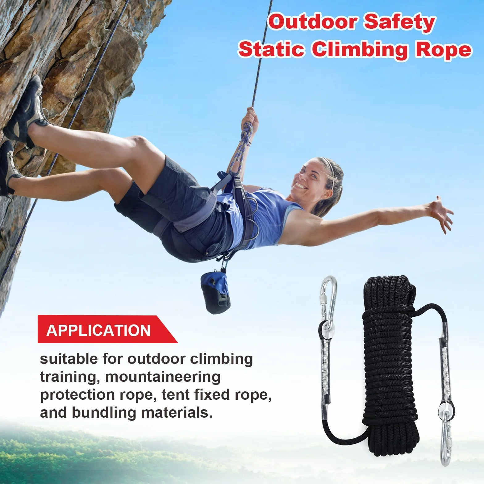 Cuerda de Escalada Estática 8 mm con Mosquetones, Nailon Trenzado, 10M