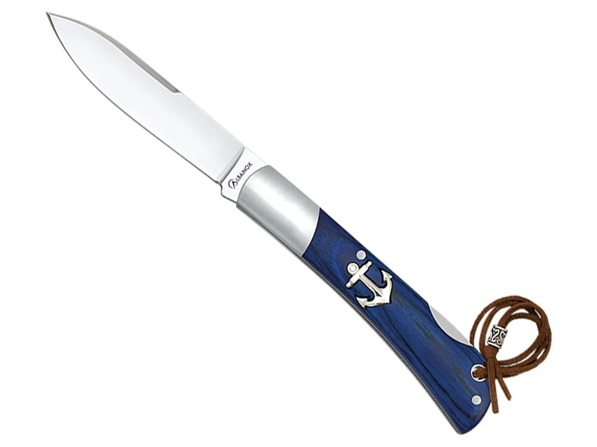 Tiendas LGP- Albainox - Navaja Marinera, Punta Espada, Plegable, Acero INOX. Hoja de 8 cm. Mango de Madera de Stamina Azul, Sistema de bloqueo Back Lock, Hueco con cordón fiador incluido, 18987