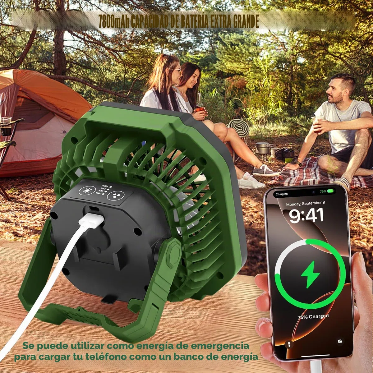 Ventilador Camping Recargable 7800mAh, Ventilador Portátil Batería USB, 4 Velocidades de Ventilación, 3 Modos de Temporizador, con Mando a Distancia, para Camping, Viajes, Playa, Familia
