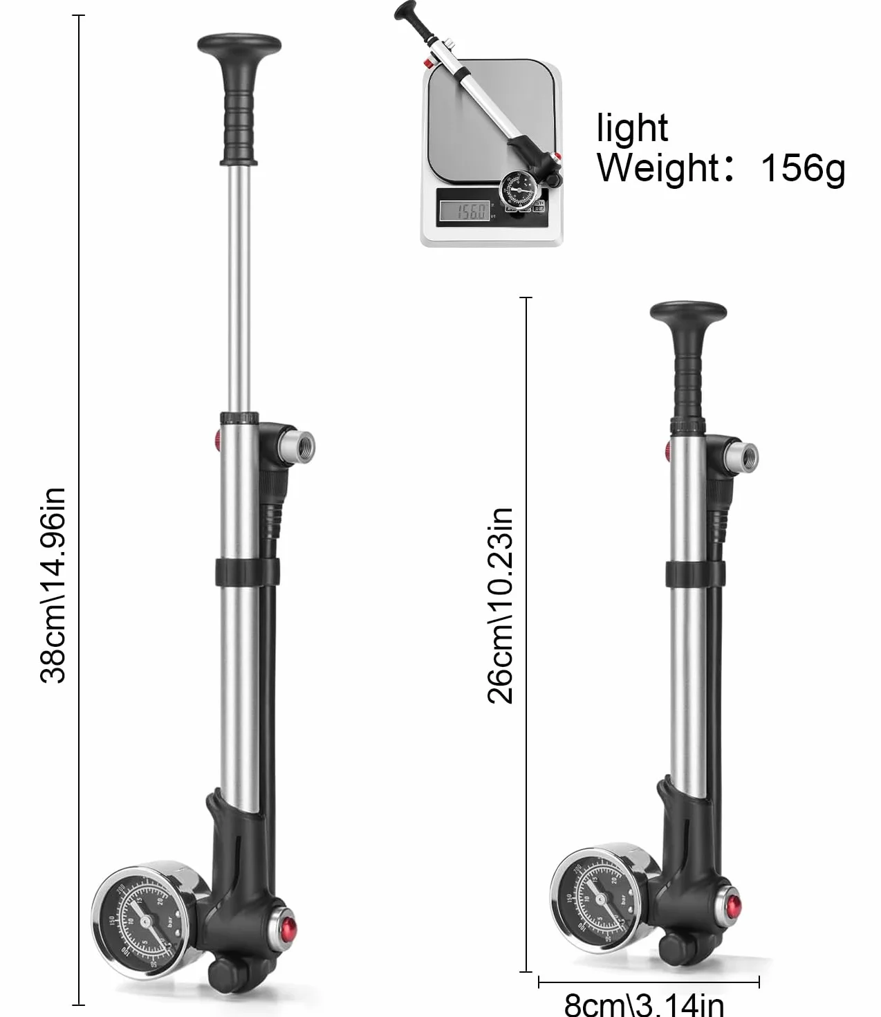 Bomba de Choque de Alta presión(MAX 300 PSI), Bomba de Bicicleta con manómetro y botón de Purga, Horquilla/suspensión Trasera 2 en 1 y Bomba de neumáticos para Bicicleta MTB, Bicicleta de Carretera