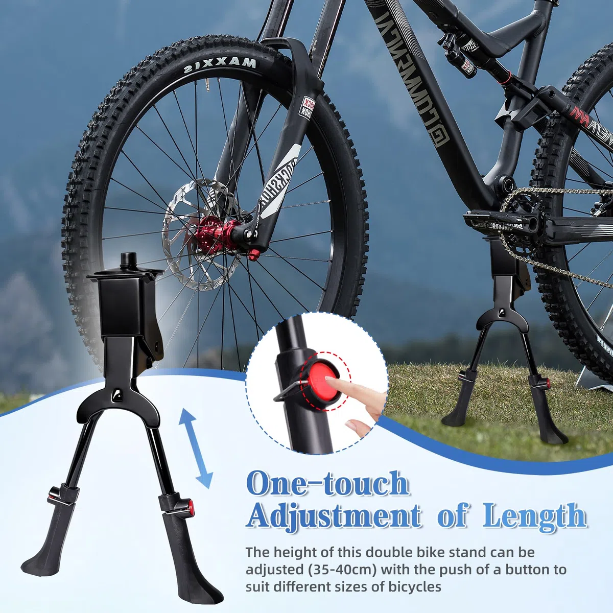 Soporte para bicicleta con dos patas, altura ajustable, 24-29 pulgadas, soporte para bicicleta de dos patas, capacidad de carga de 30 kg, soporte para bicicleta de ciudad, MTB y bicicletas de
