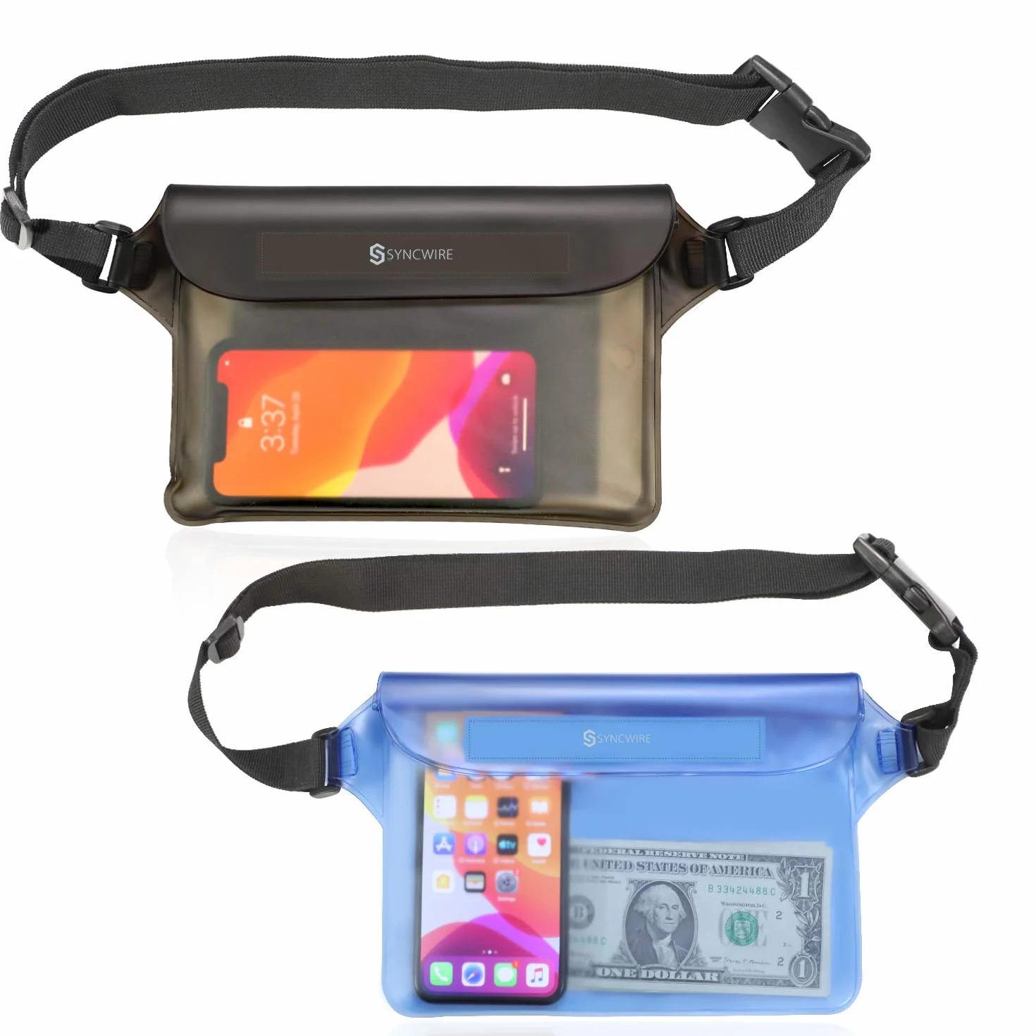 Syncwire Bolsa Impermeable IP68 [2 Unidades] Bolsa Estanca Riñonera Impermeable con Correa de Cintura Ajustable, Funda Impermeable para Playa, Natación, Windsurf, Kayak, Pesca, Senderismo etc.