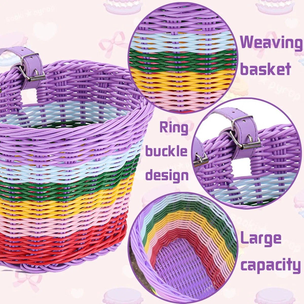 Cesta Bicicleta Delantera para Bicicleta Infantil Desmontable, Cesta Bici Niño Niña, con Correa de Piel, Timbre de Bicicletas, Serpentinas, Pegatinas, Regalos para Niños, Niñas