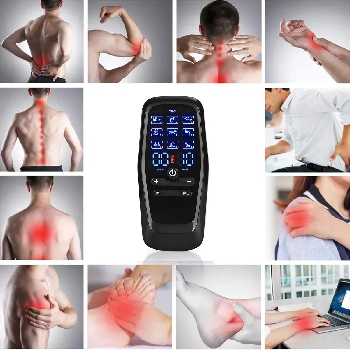 Electroestimulador Muscular,3 EN 1 TENS/EMS Magnetoterapia para Aliviar el Dolor Muscular y Fortalecer los Músculos, 2 Canales con 9 Modos de Masaje y 30 Velocidades Ajustables,12 Parches