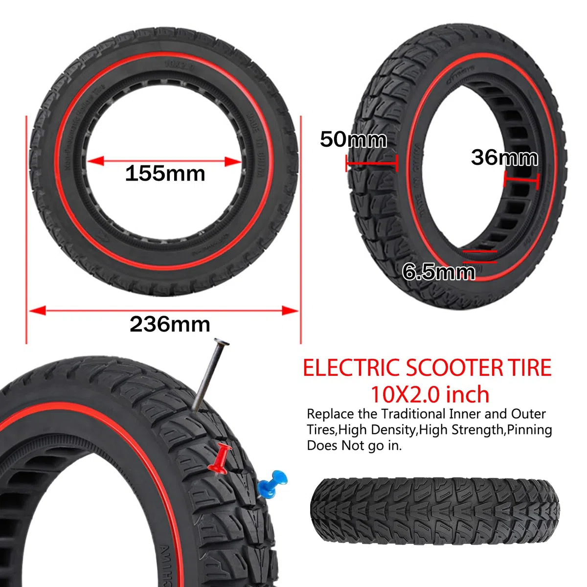 10 Pulgadas Rueda Maciza Patinete Electrico 10x2.0-6.5, Rueda Patinete, 10" Neumatico de Goma Maciza Scooter Compatible con Xiaomi Ninebot Soflow, Neumáticos Repuesto Scooter