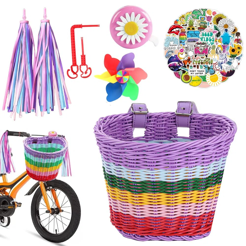 Cesta de Bicicleta para Niños, Cesta Bici Niño, Cesta Lantera Bicicleta Niños, Cesta Bicicleta Desmontable, para Manillar de Bicicleta Infantil, con Timbre, Pegatinas, Serpentinas y Molino