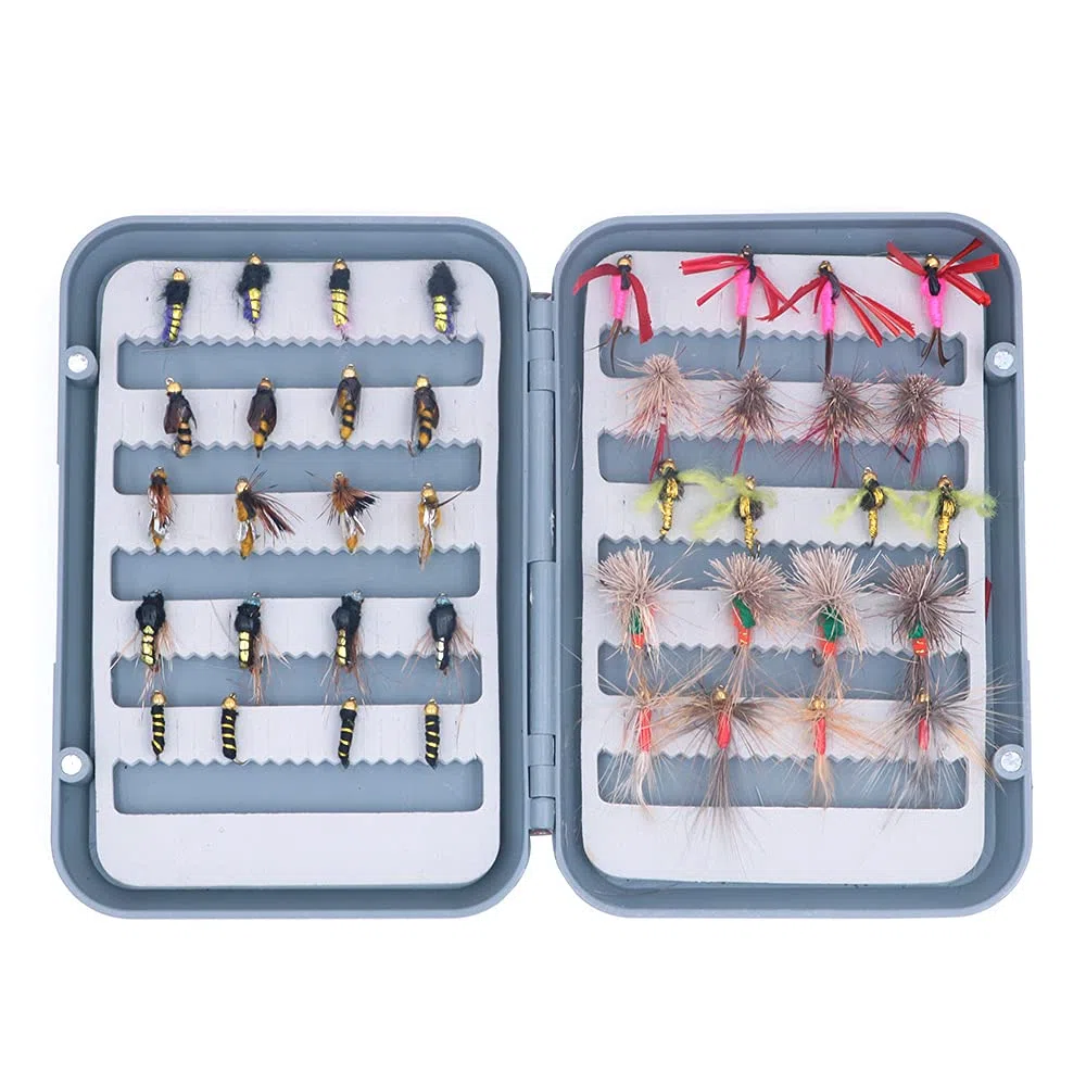Kit de 40 Moscas de Pesca Con Caja - Secas, Húmedas, Ninfas y Serpentinas Para Lubina, Salmón y Trucha