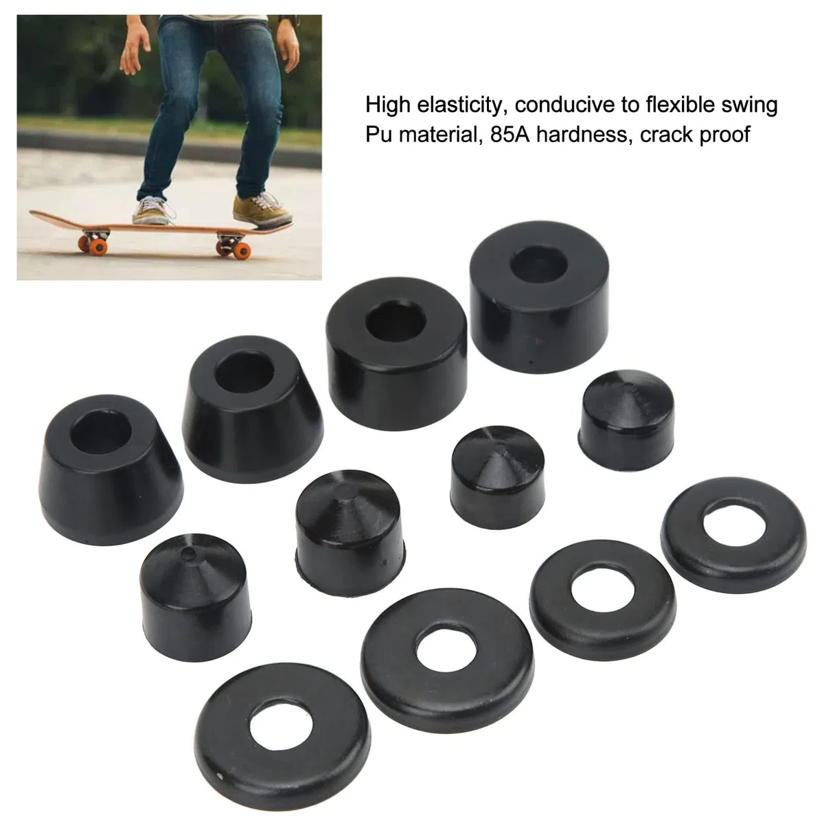 OUKENS Bujes para Monopatín, PU Negro Soporte De Alta Resiliencia Almohadilla A Prueba De Golpes para Longboard, Kit De Reconstrucción De Camión De Monopatín Bujes De Reemplazo De Monopatín