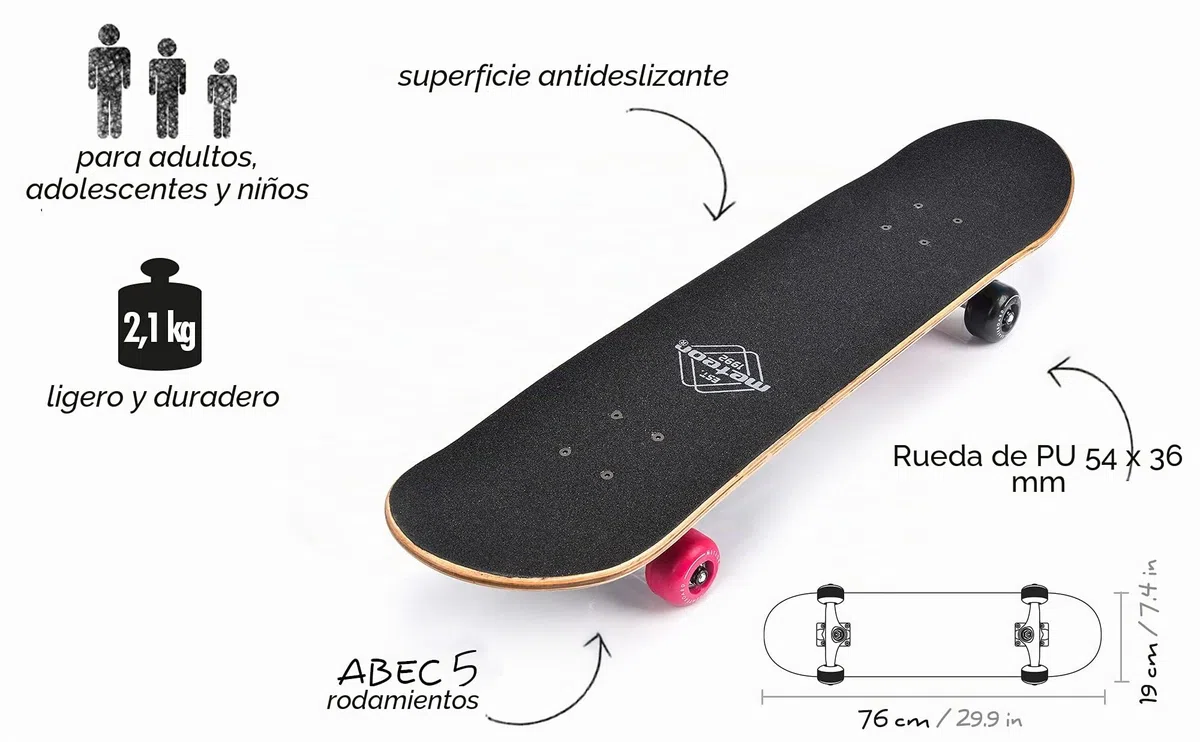 Monopatín patineta Retro Madera Skateboard Completo niños jóvenes Adultos Mejor Calidad Robusto Ligero