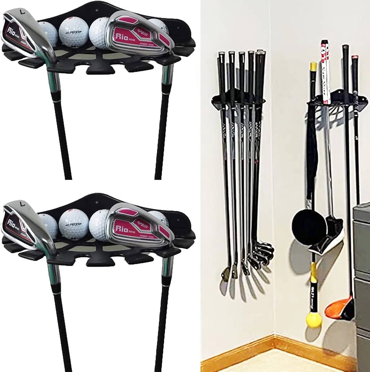Pmsanzay Paquete de 2 soportes para palos de golf y organizadores de pelotas de golf, estante de exhibición para palos de golf, mantiene todo limpio y organizado, sin palos de golf