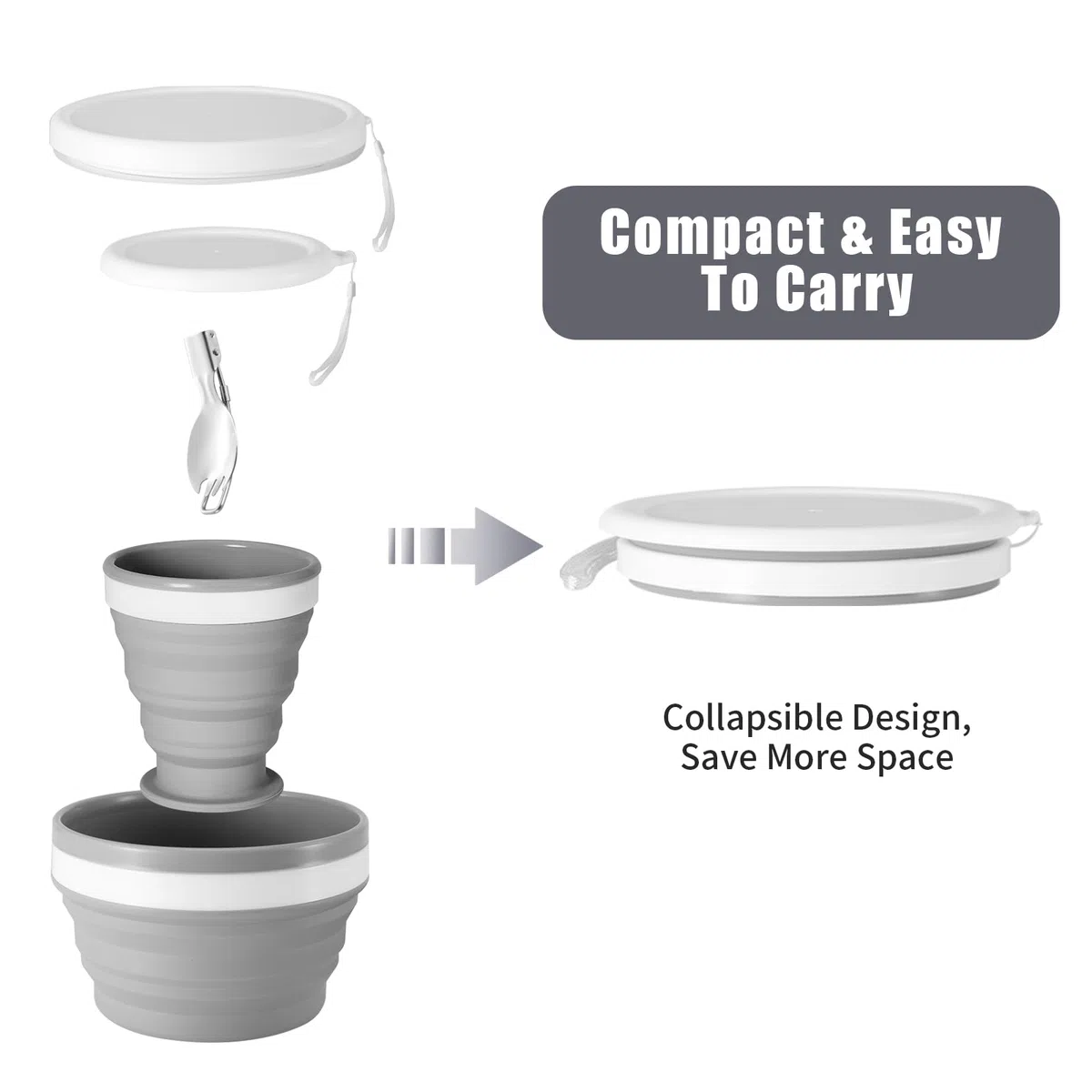 Odoland Kit de Vajilla para Camping para 1 Persona con Cuenco Plegables Silicona y Taza de Viaje con Tapa, Cuchara Ensalada Acero INOX, para Camping Picnic Senderismo Viaje Mochilero