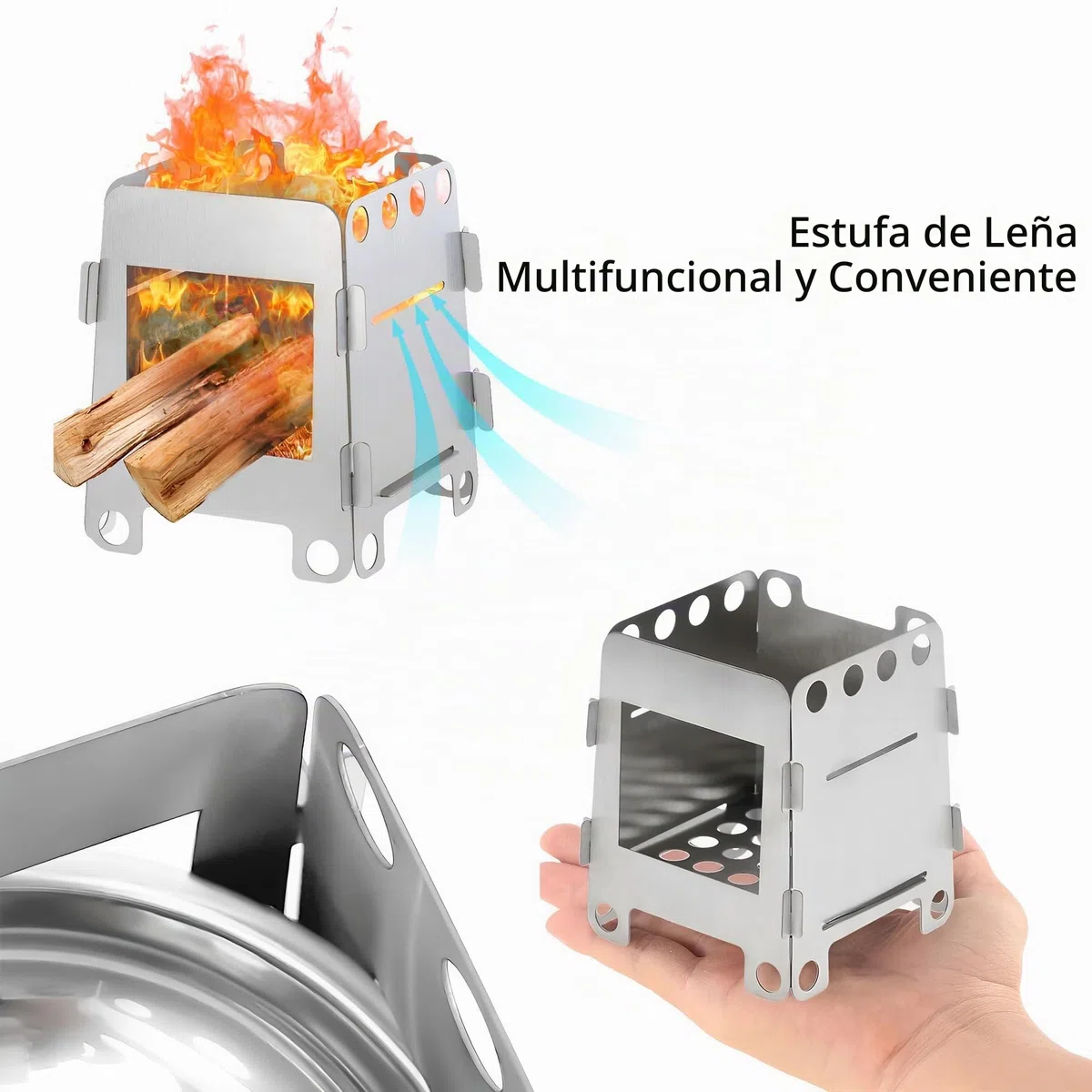Estufa de Leña Pequeña (Con Bandeja Alcohol), Portátil Desmontable Picnic Al Aire Libre Multifuncional, Acero Inoxidable Estufa Campamento Senderismo, Cocina Campamento Al Aire Libre