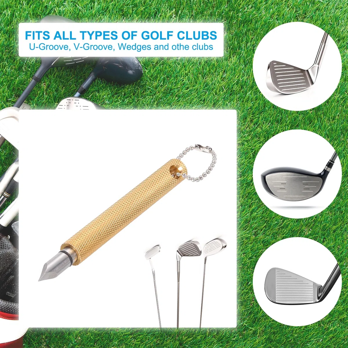 PATIKIL Afilador de Ranuras de Palos de Golf, 2 Piezas Afiladores de Ranuras de Palos de Golf Herramienta de Re-Grooving y Limpiador para Hombres U & V-Grooves Wedges Irons Generan, Dorado