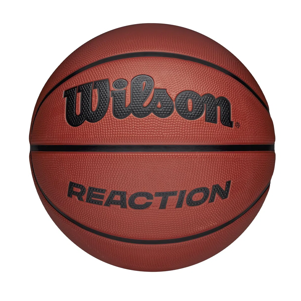 Wilson Balón de Baloncesto Reaction, Hecho de Goma Duradera, Rendimiento en Todas Las Superficies, Experimenta un Agarre y Control Mejorados, Color Marrón, Tamaño 5