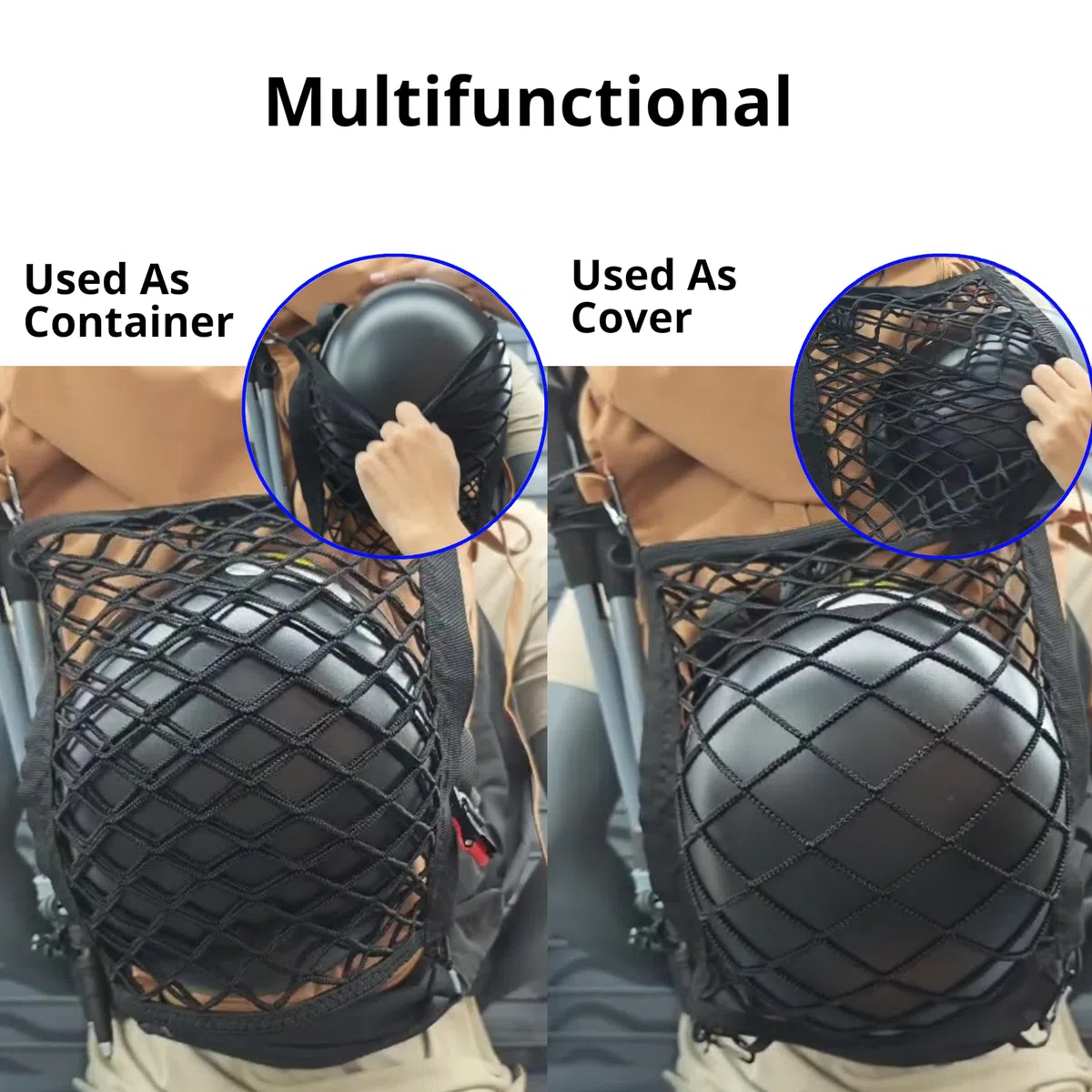 Soporte para Casco para Mochila, se Puede Usar como Funda y contenedor, 4 Bandas elásticas Laterales, Viene con 4 mosquetones, Lleva tu Casco de Manera Elegante