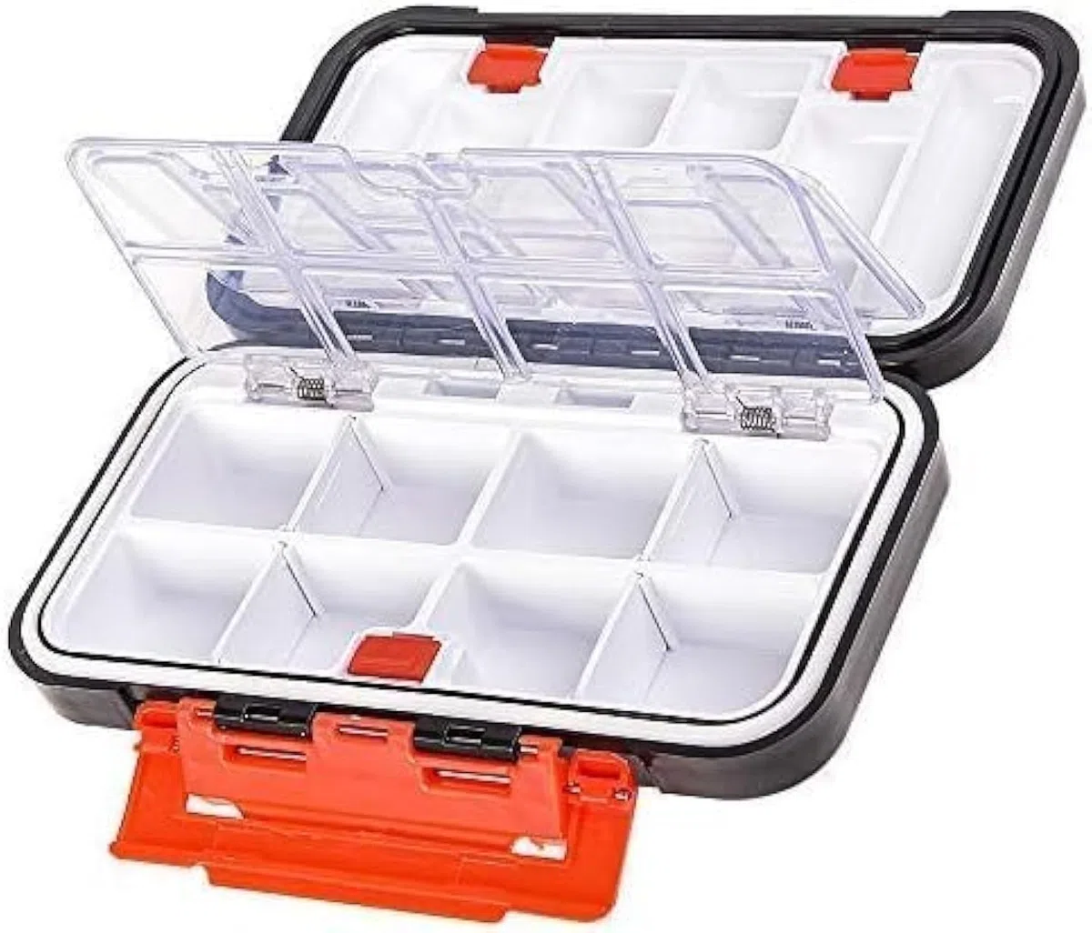 Caja de Almacenamiento de Aparejos de Pesca, Doble Cara 16 Compartimentos (Negro)