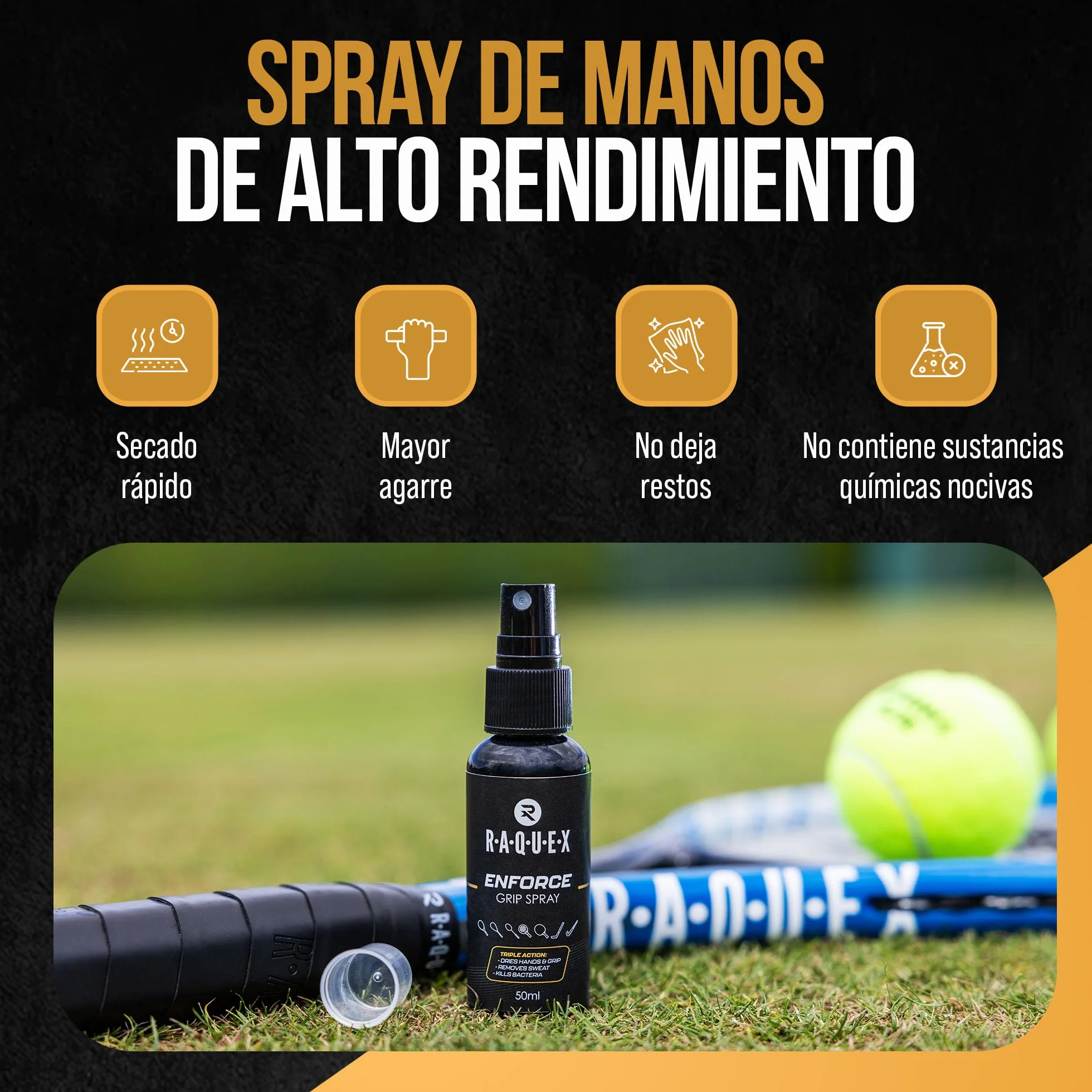 Raquex Spray Enforce Grip, 50 ml, Spray de Agarre para Unas Manos secas y sin Sudor para Deportes de Raqueta y Hockey. Spray de tracción de Secado rápido Que Elimina el Sudor para un Agarre excelente