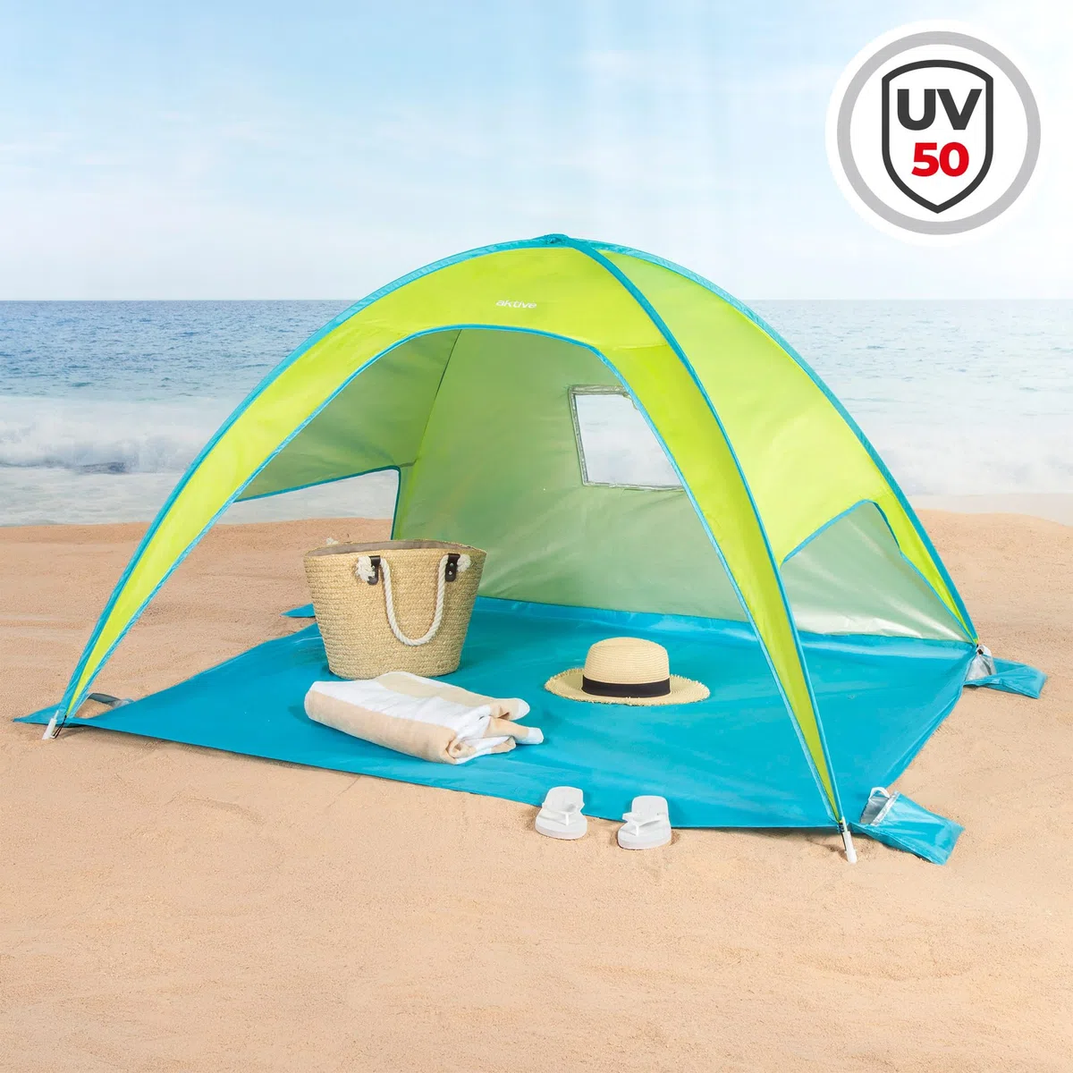 AKTIVE Tienda Playa Pop up, Azul y Verde, 175x150x105 cm, Revestimiento Plateado, UV50, Incluye 4 piquetas, Poliéster, Paravientos Plegable, Bolsa Transporte, Refugio Pesca (62532)