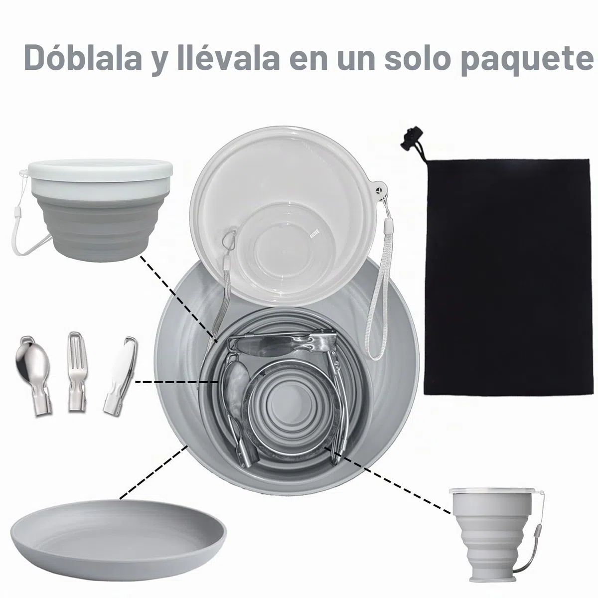 Juego de menaje camping plegable 6 en 1 – Incluye cuchillo, cuchara, tenedor acero inoxidable, taza, cuenco, plato y bolsa. Ideal para viajes, senderismo, picnic y acampada