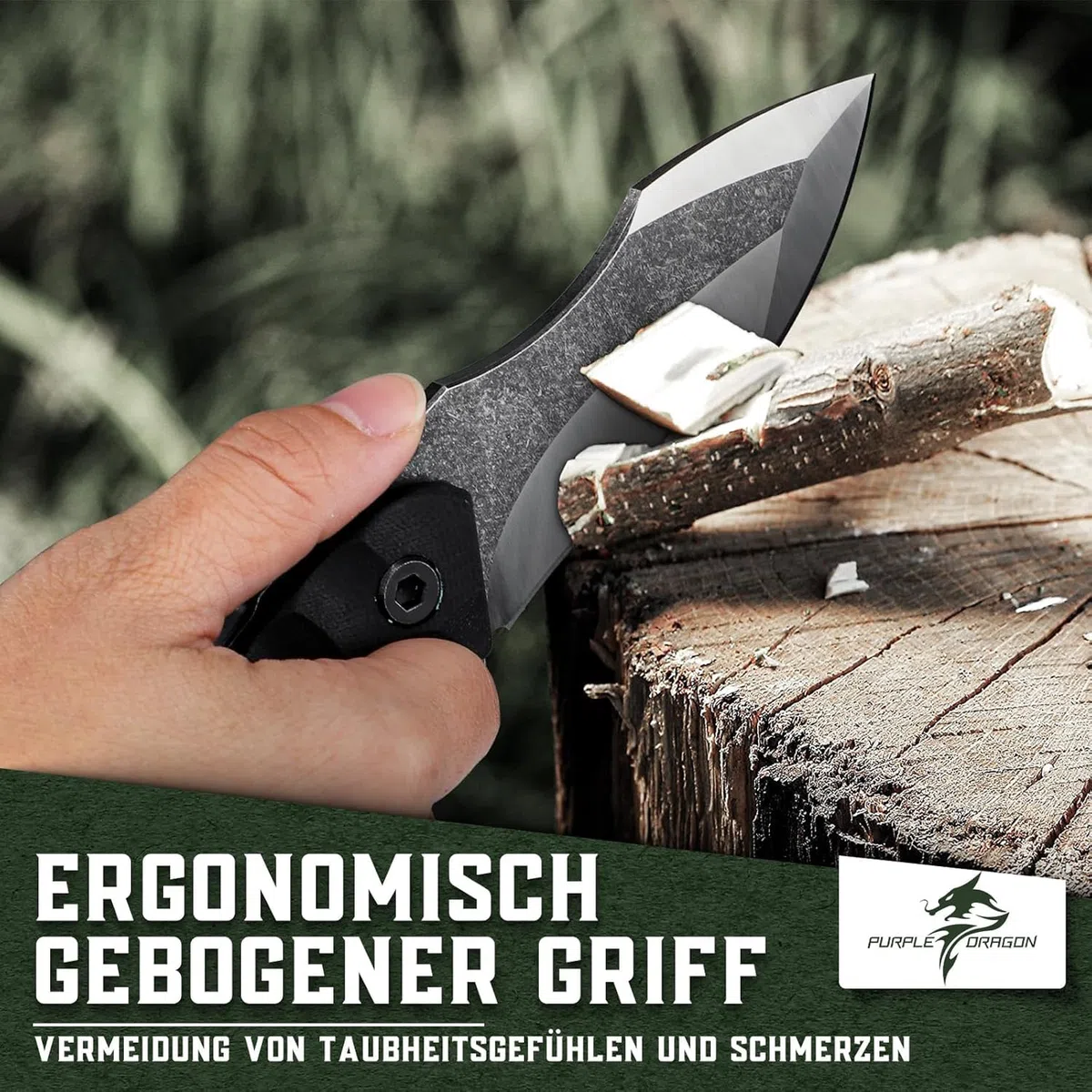 Purple Dragon Cuchillo de Supervivencia al Aire Libre, Full Tang Cuchillo de Supervivencia con Mango G10, Hoja Fija de Acero D2, Camping Cuchillo Kydex Funda, Regalo Para los Hombres