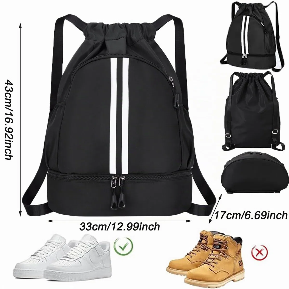 Mochila de Cuerdas Impermeable Ajustable con Cremallera para Deporte - Bolsa Grande de Gimnasio con Compartimento para Zapatos, Natacion, Fitness - para Mujer y Hombre (Negro)