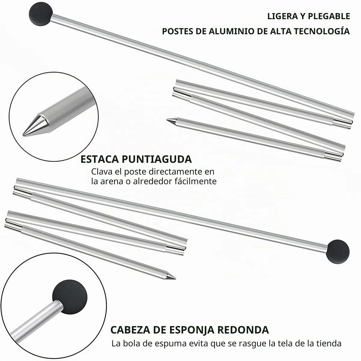Bastones de aluminio de licra, cubierta ajustable para toldo, varillas telescópicas para sombrilla de playa, postes portátiles y ligeros para tienda de campaña para camping, mochileros y toldos