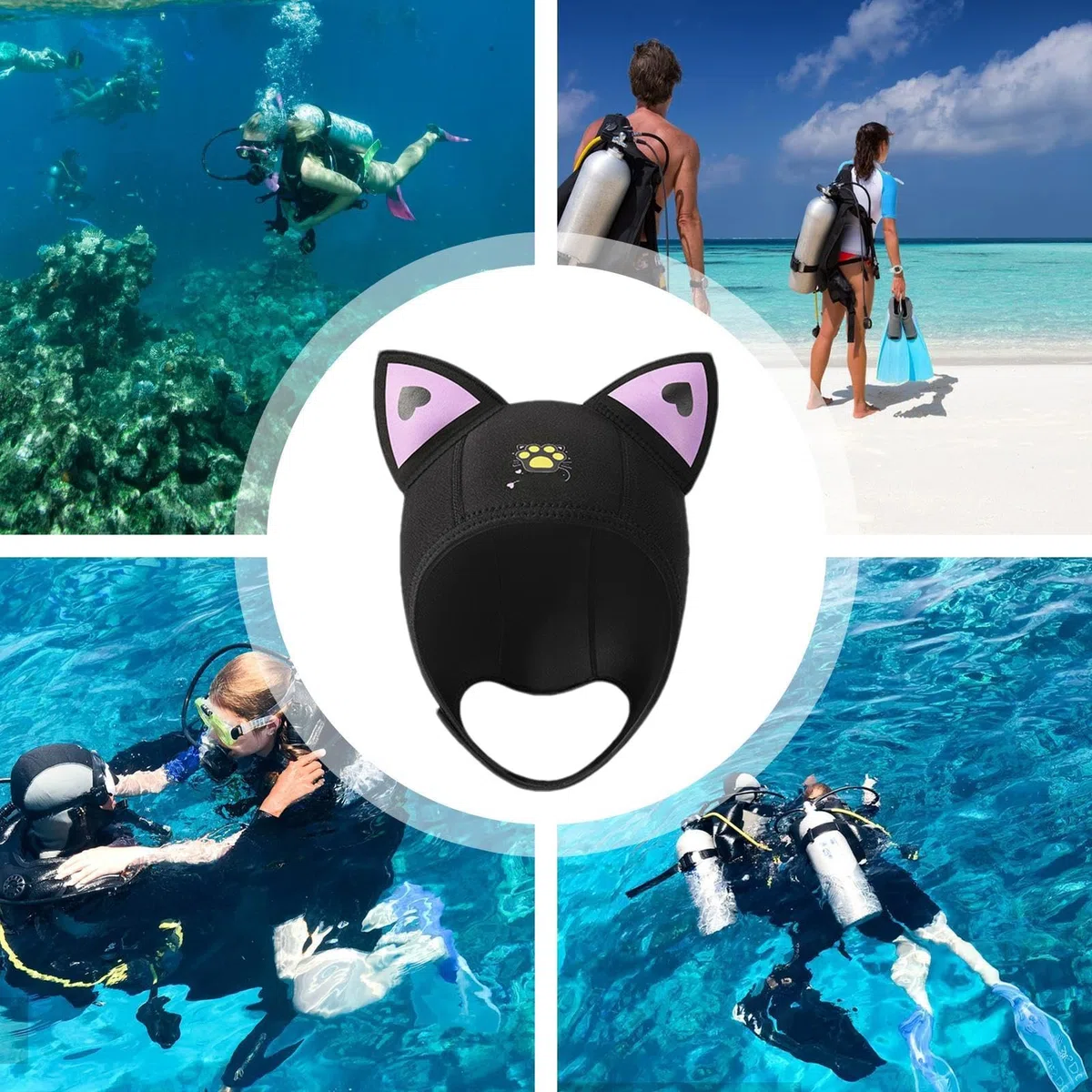 Capucha de neopreno con orejas de gato, capucha de buceo de neopreno, capucha de buceo, capucha de traje de neopreno para mujer, capucha de buceo para niños, sombrero de esnórquel, capucha de buceo