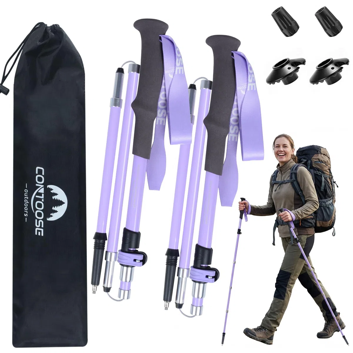 Qoosea Bastón de Senderismo para Mujer - Plegable y Ajustable 110-125 cm en Fibra de Carbono, Ligero Bastón para Trekking, Marcha Nórdica y Alpinismo, Trail, Viaje
