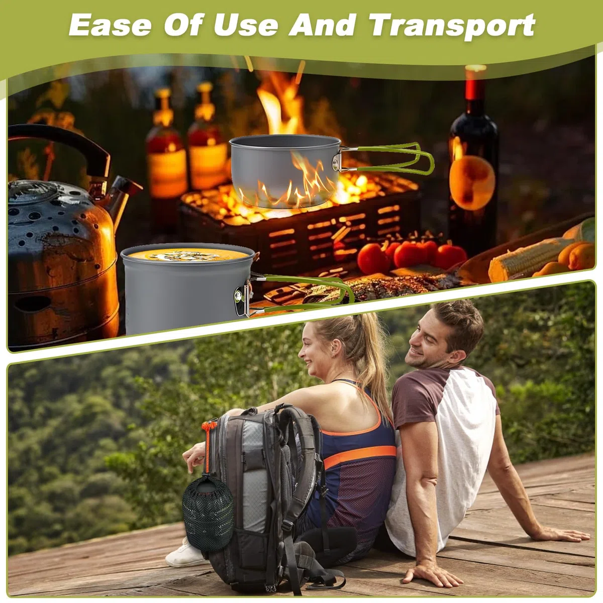 Kit Vajilla de Camping con Cubiertos Plegables, Ollas de Aluminio para 1-2 Personas, Utensilios de Cocina Exteriores Portátiles, Sartenes de Acampada para Picnic, Senderismo, Excursión, Escalada